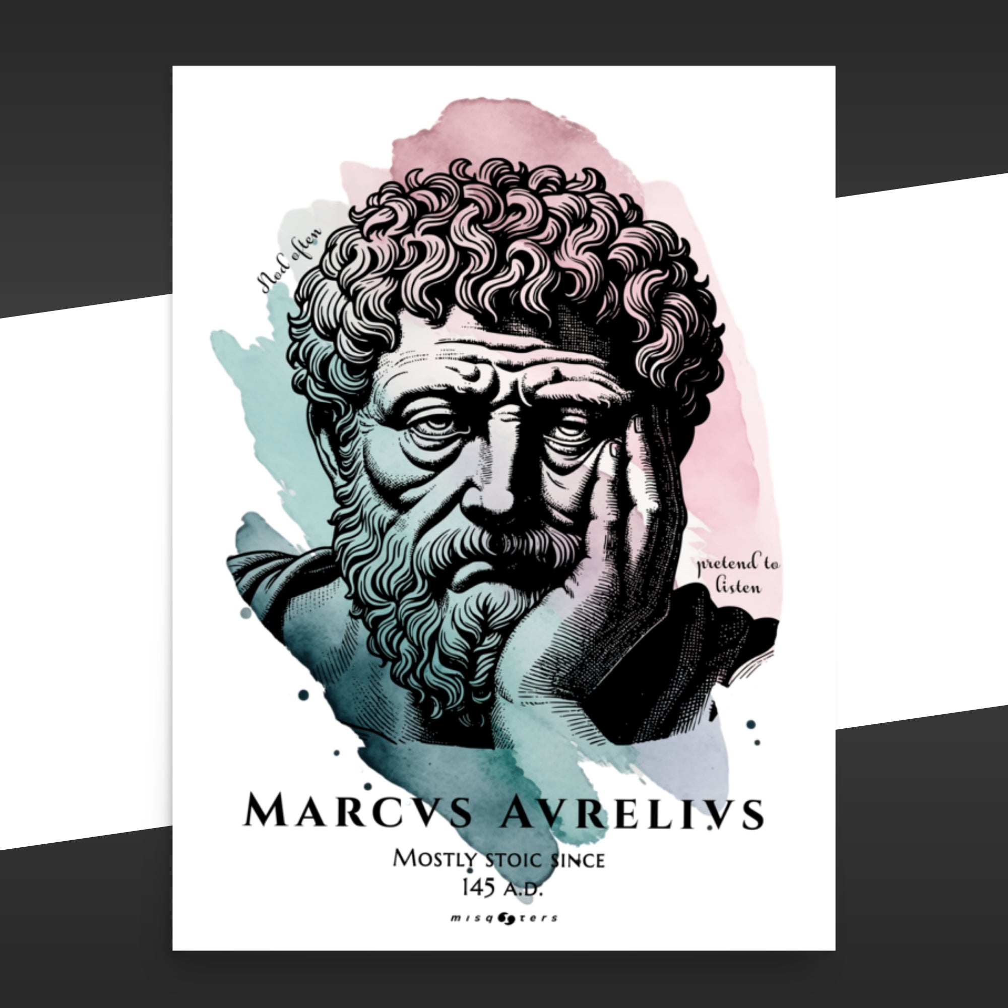 White poster with a classical bust design of Marcus Aurelius on it