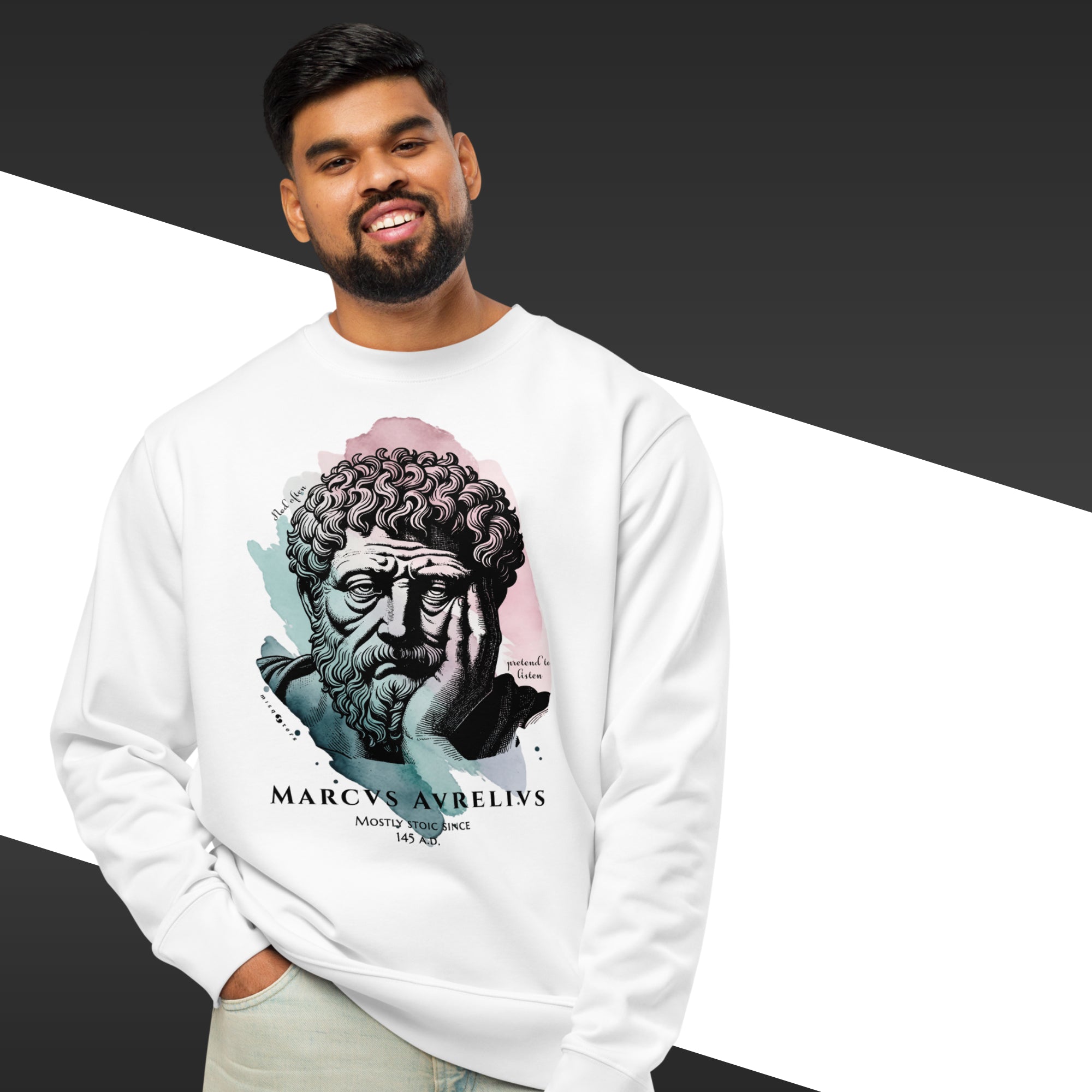 Person wearing a white sweatshirt with a graphic design of Marcus Aurelius and text.