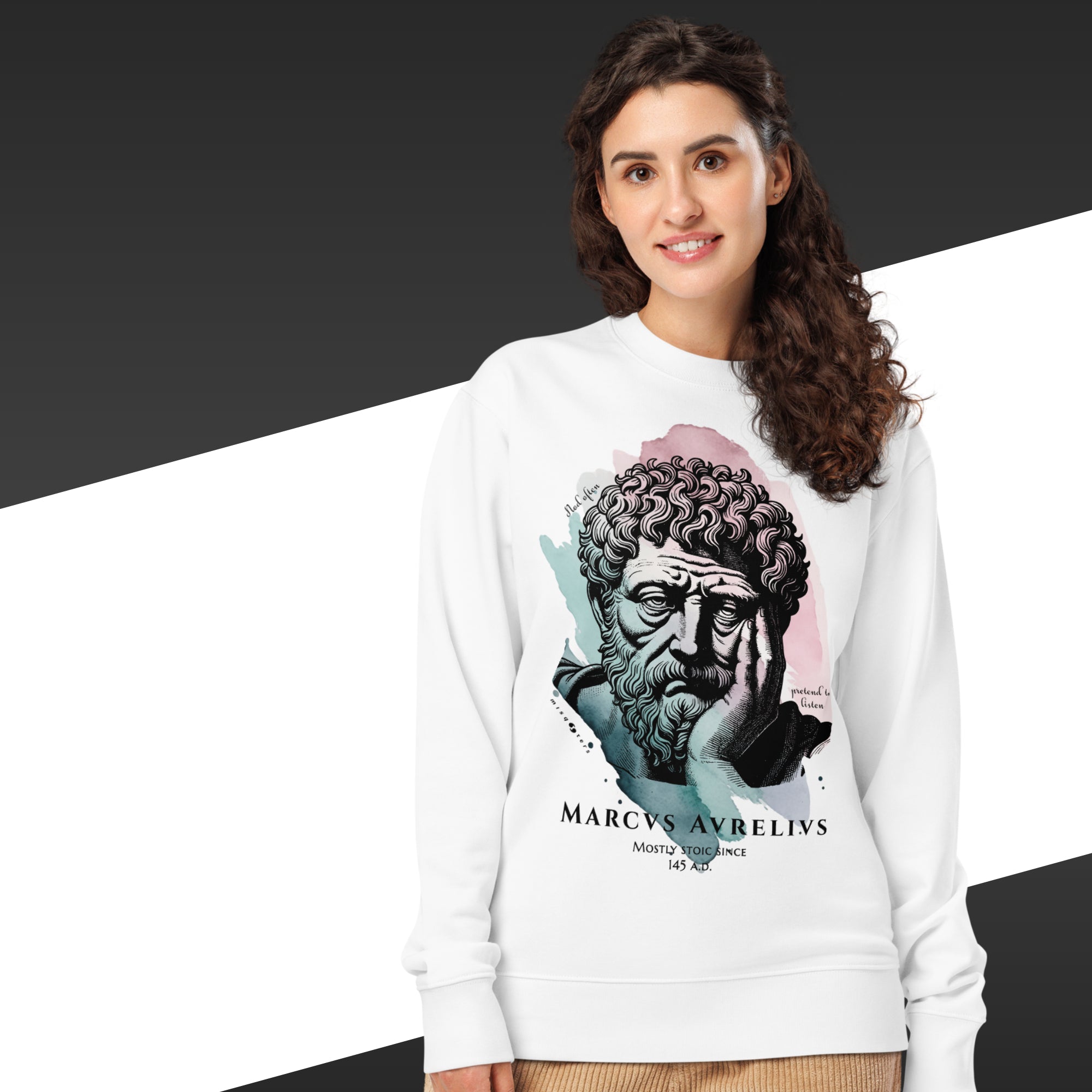 Woman wearing a white sweatshirt with a graphic design of a historical figure and text.