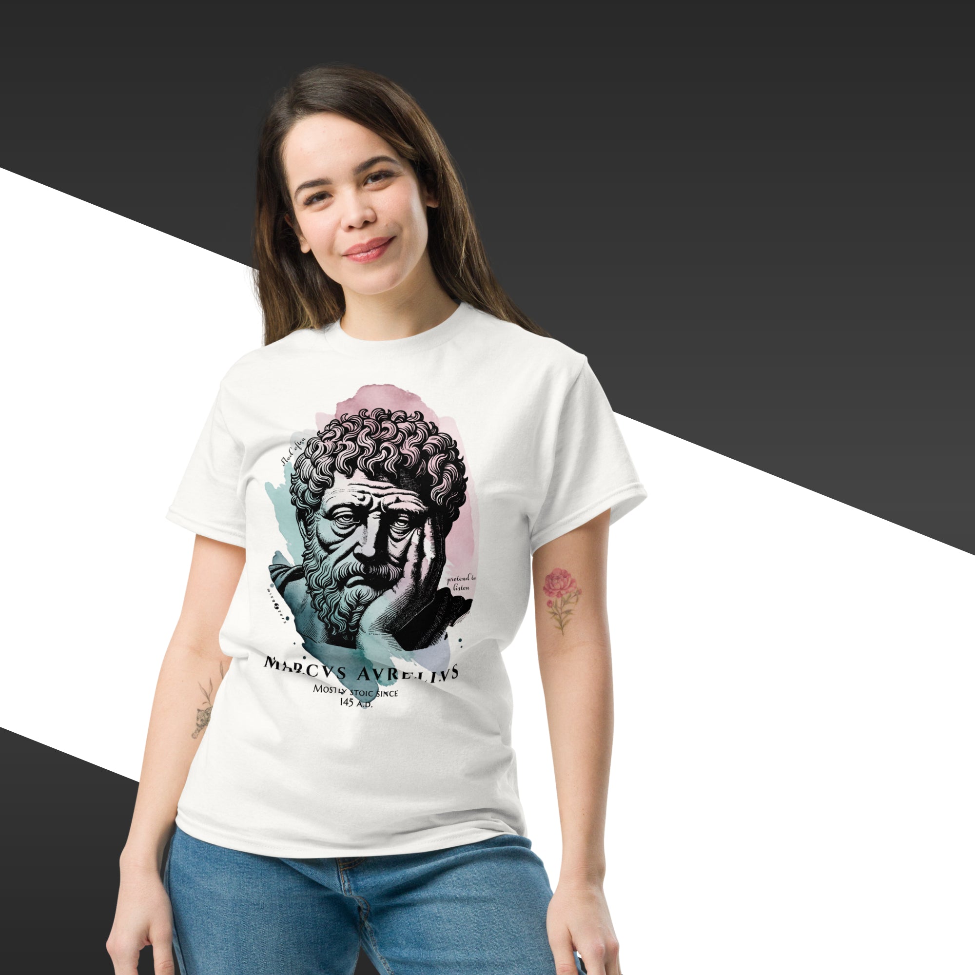 Woman wearing a white t-shirt with a graphic design on a black and white background