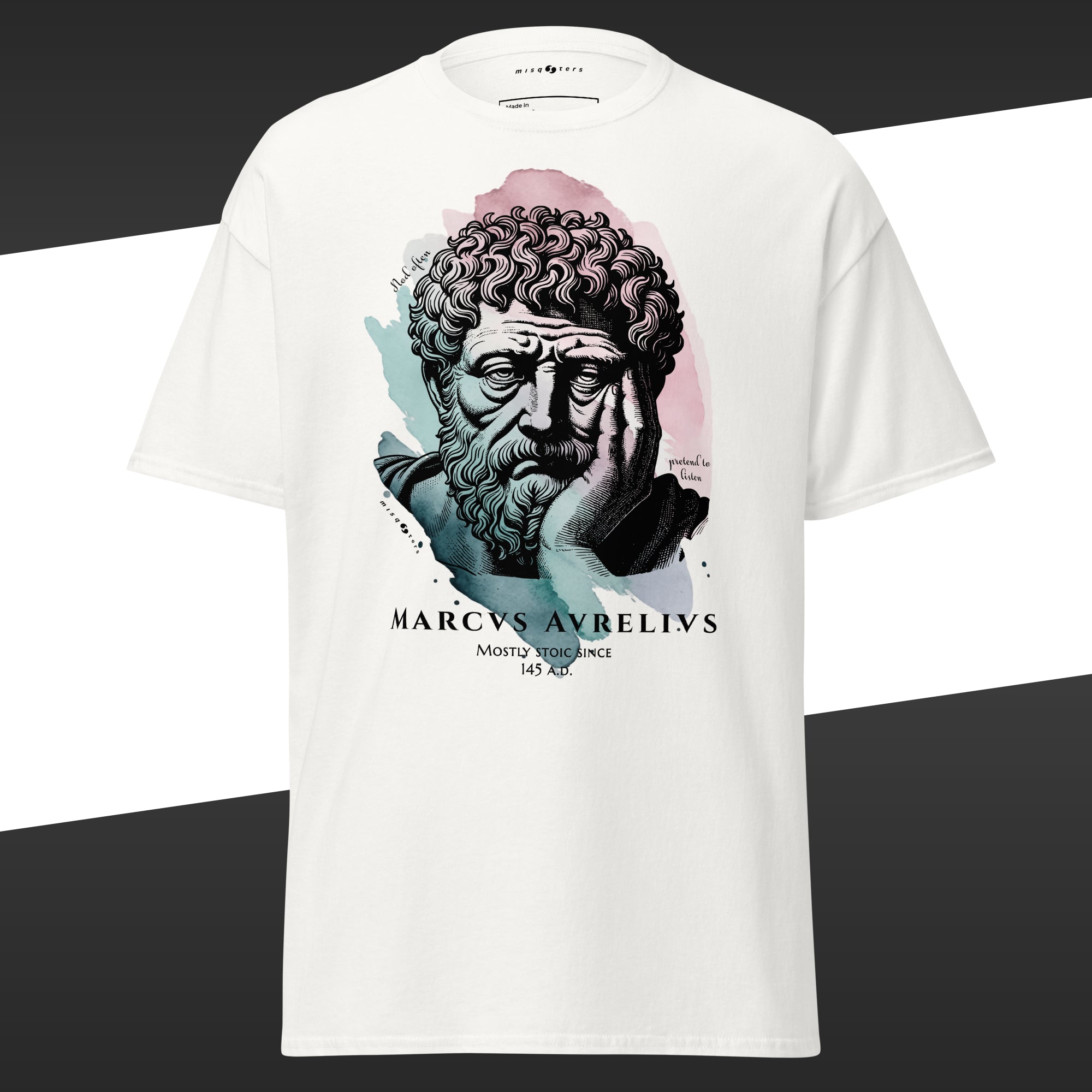 White t-shirt with a graphic of a classical statue and 'Marcus Aurelius' text on a white background