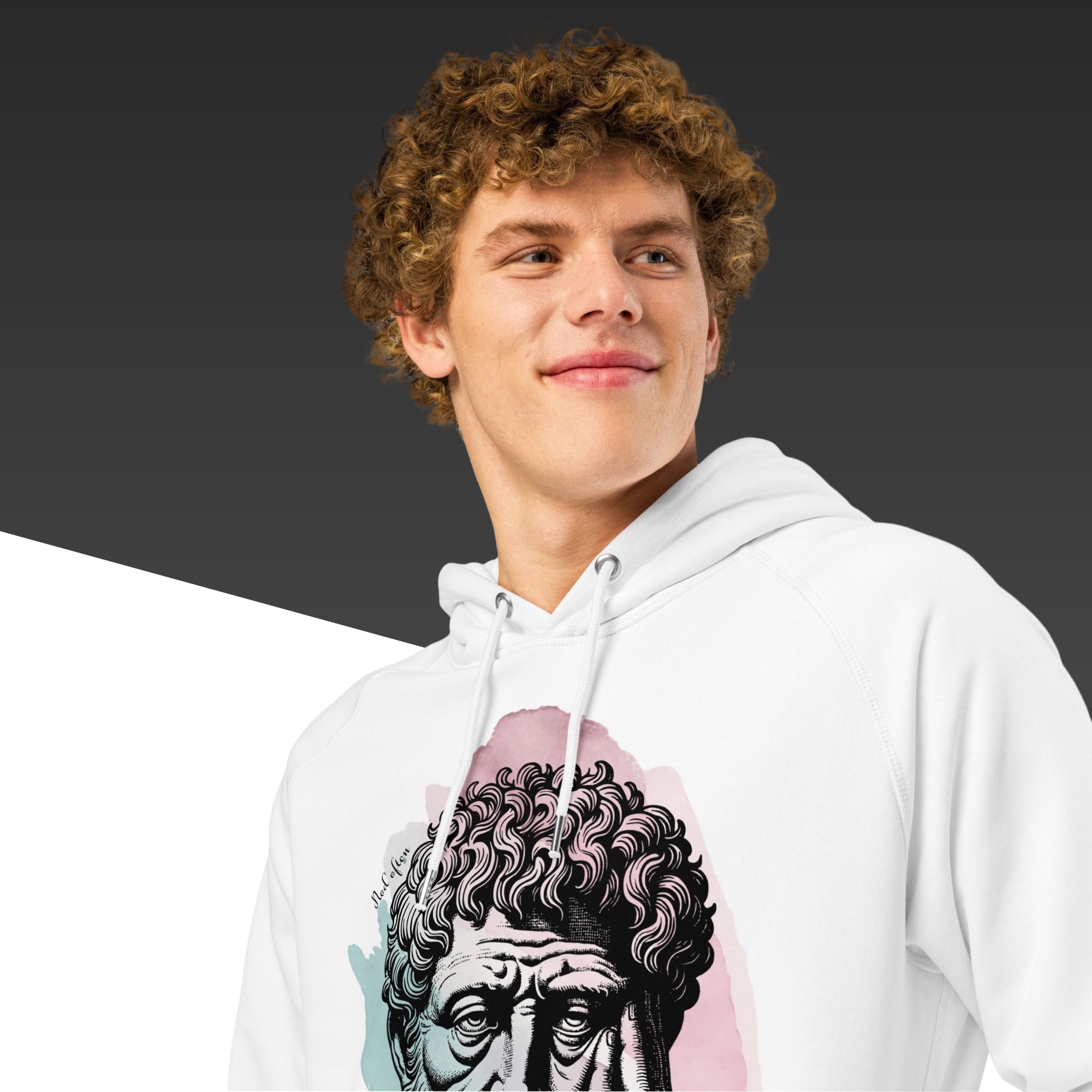 Person wearing a white hoodie with a graphic design on a dark background