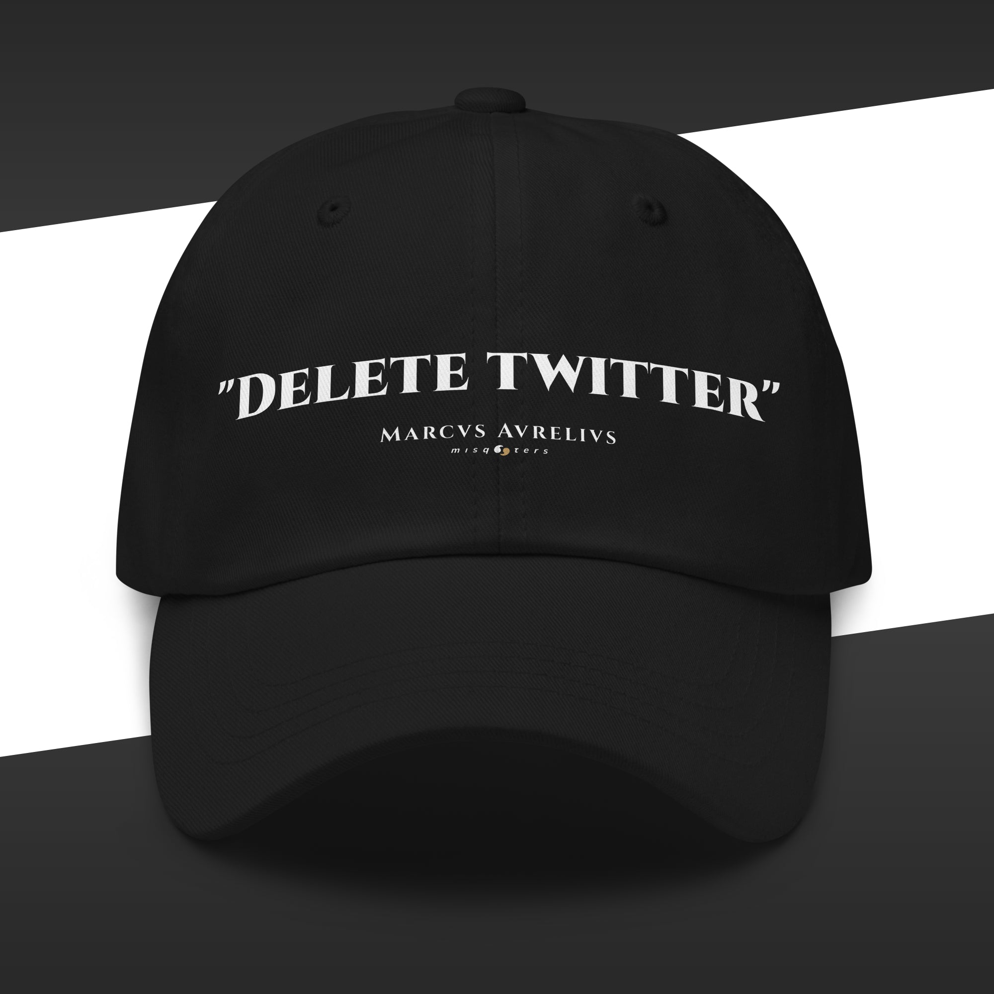 Black cap with 'DELETE TWITTER' text on a black and white striped background