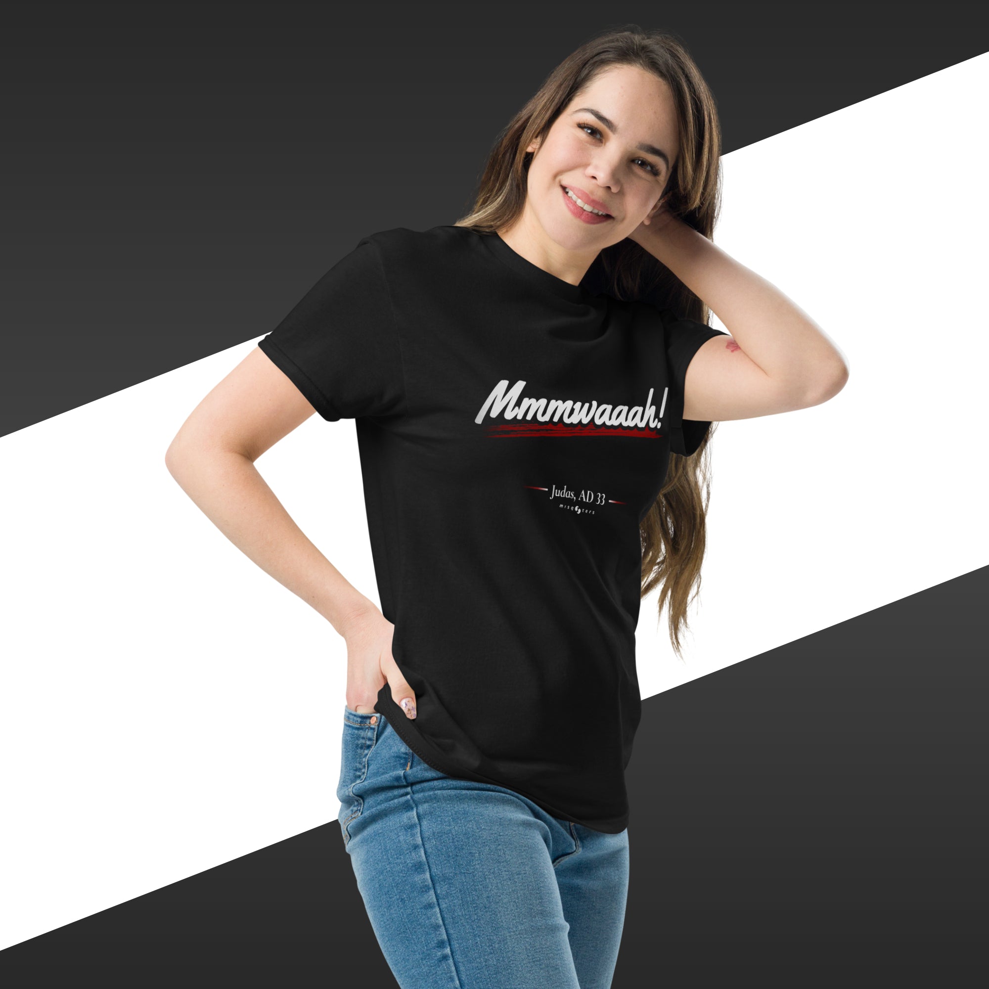 Mmmwaaah! - Judas | Classic tee - mmmwaaah judas black red t-shirt mockup on female model