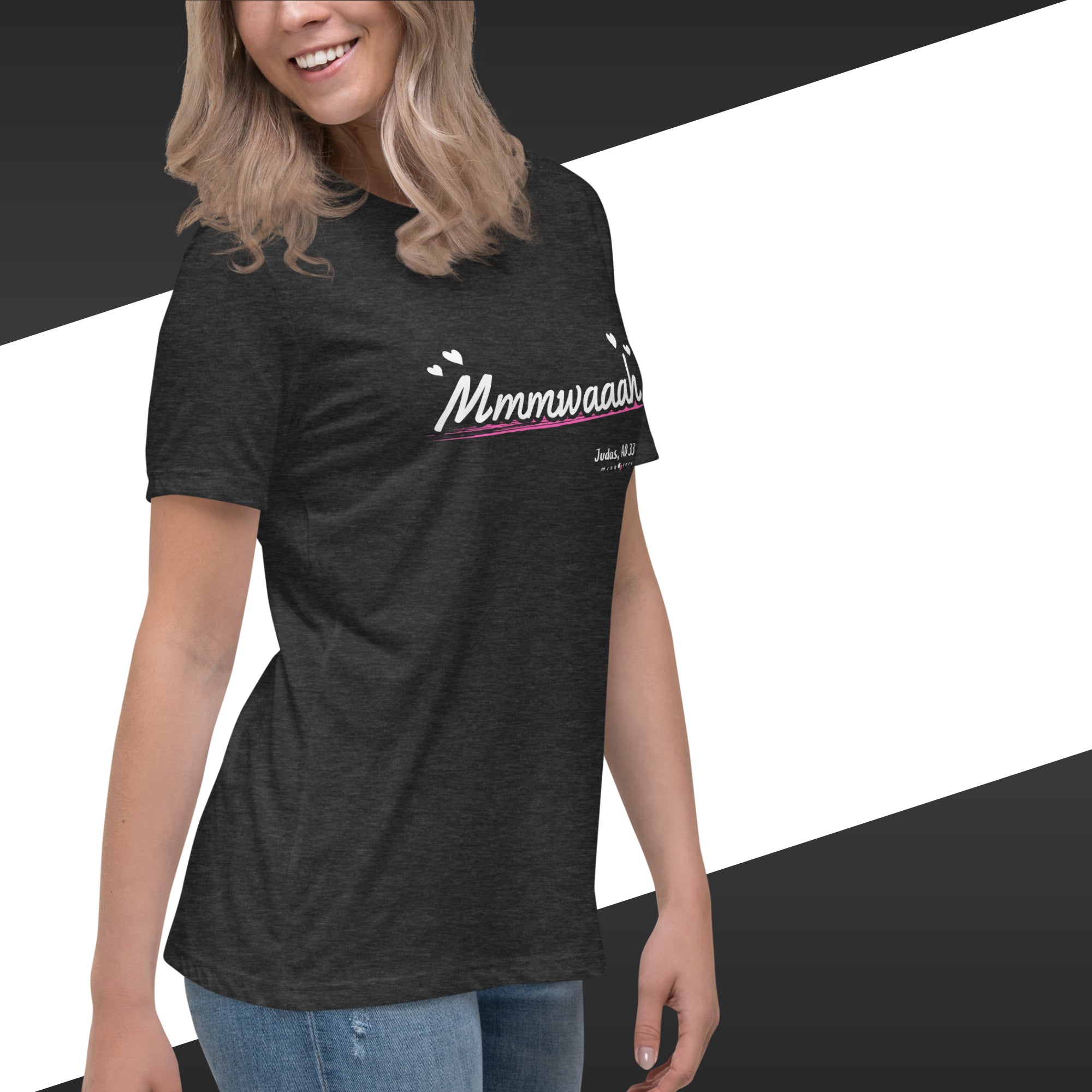 Person wearing a black t-shirt with 'Mmmwaah' text on a white background