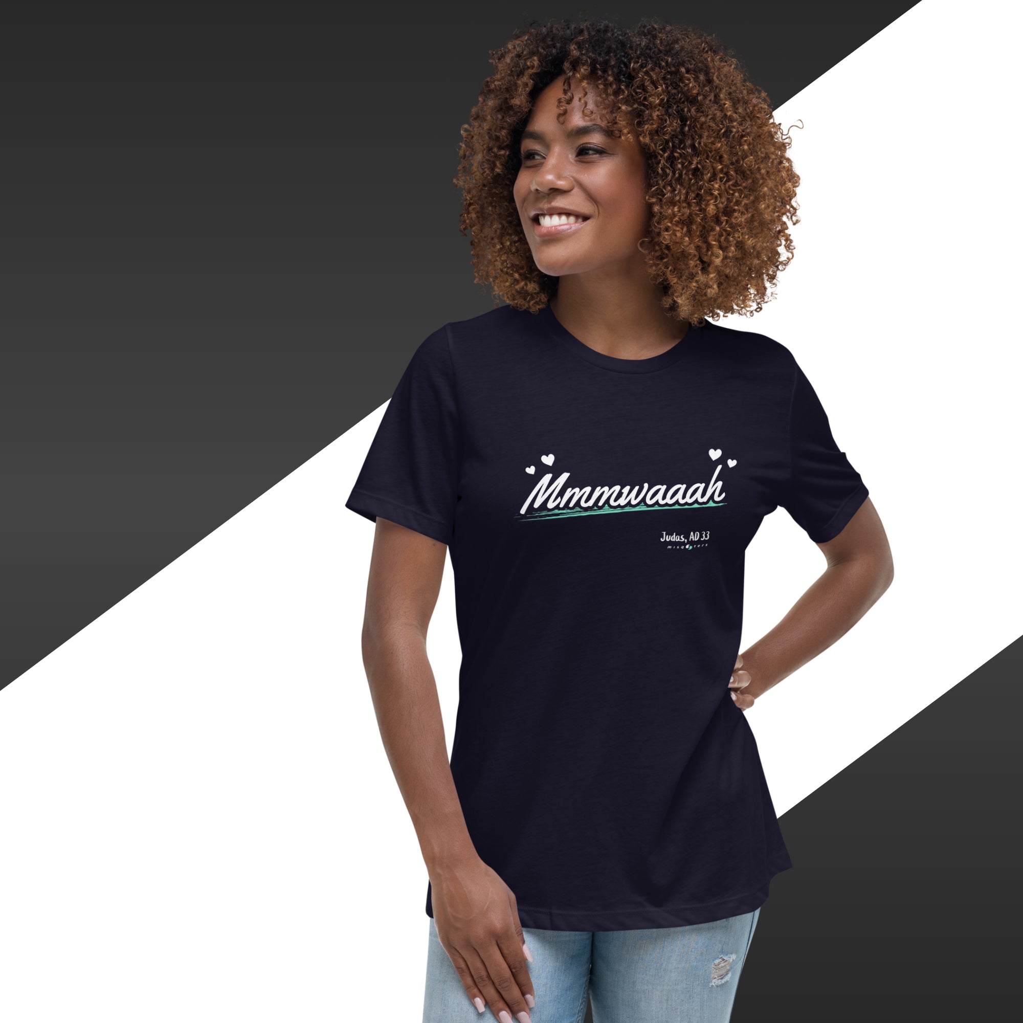 Woman wearing a black t-shirt with 'Mmmwaad' text on a black and white background