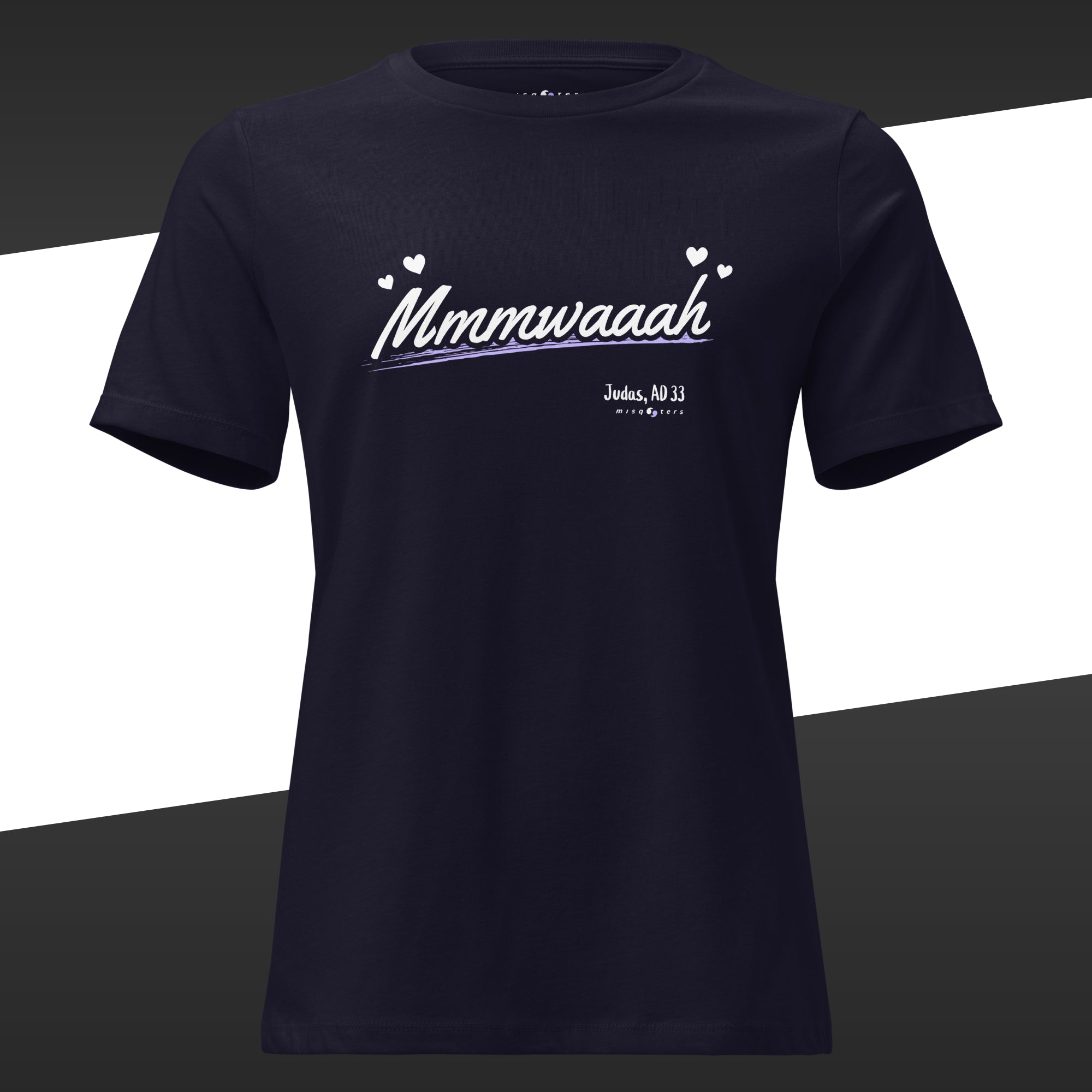 Blue t-shirt with the fake quote 'Mmmwaaah' from Judas underlined with a blue lavender line