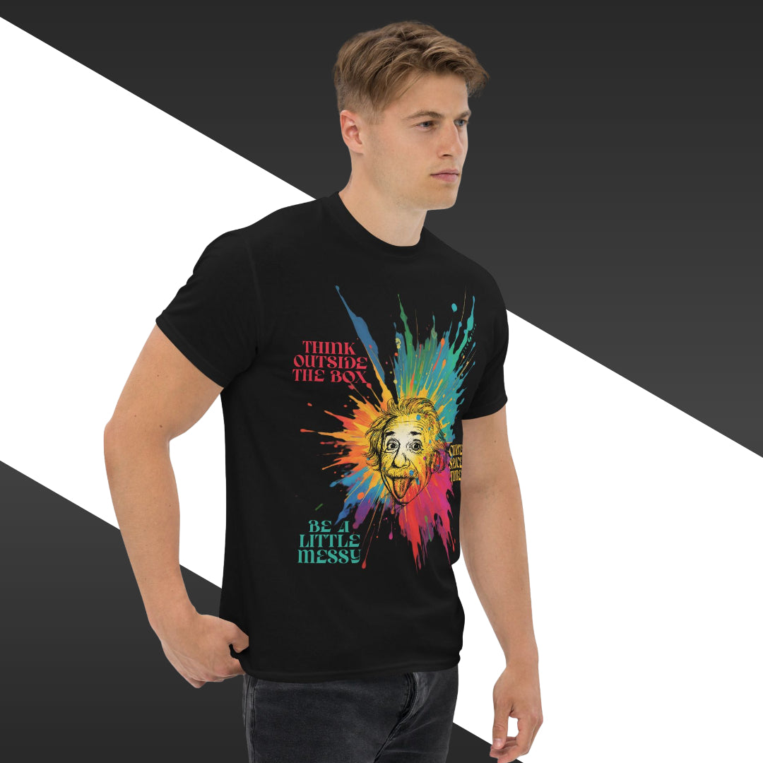 Person wearing a black t-shirt with a colorful graphic and text