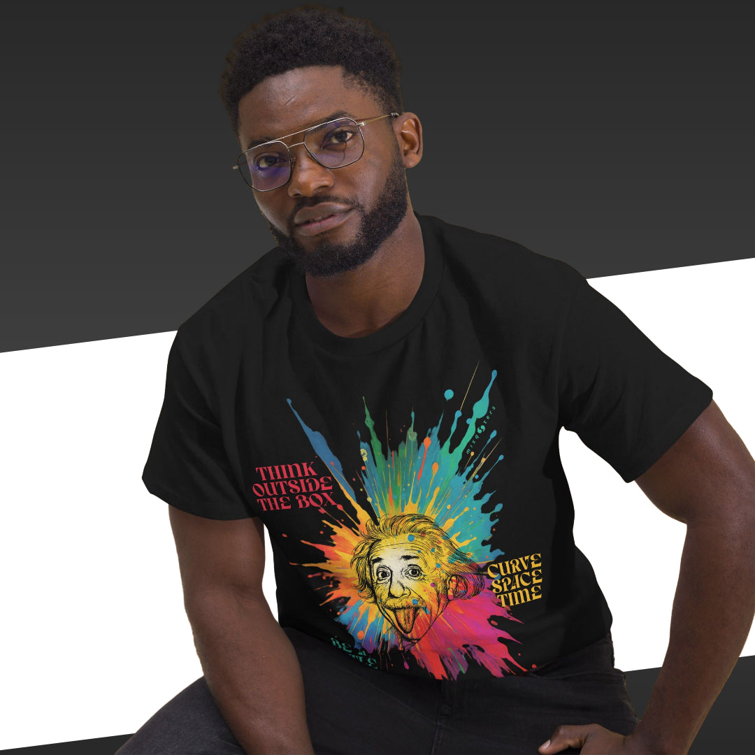 Man wearing a black t-shirt with a colorful graphic design on a black and white background