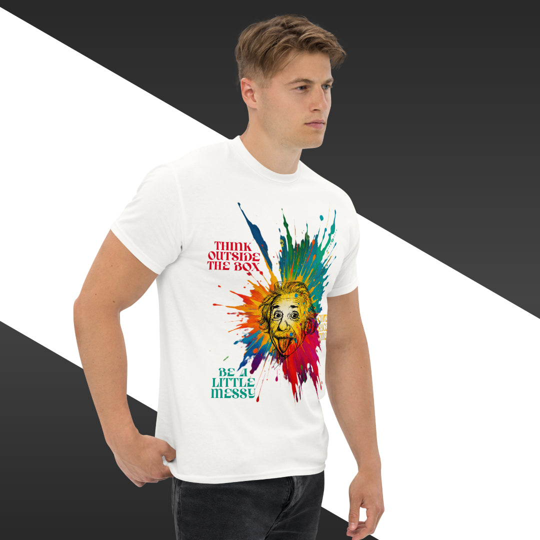 Man wearing a white t-shirt with colorful graphic design and text