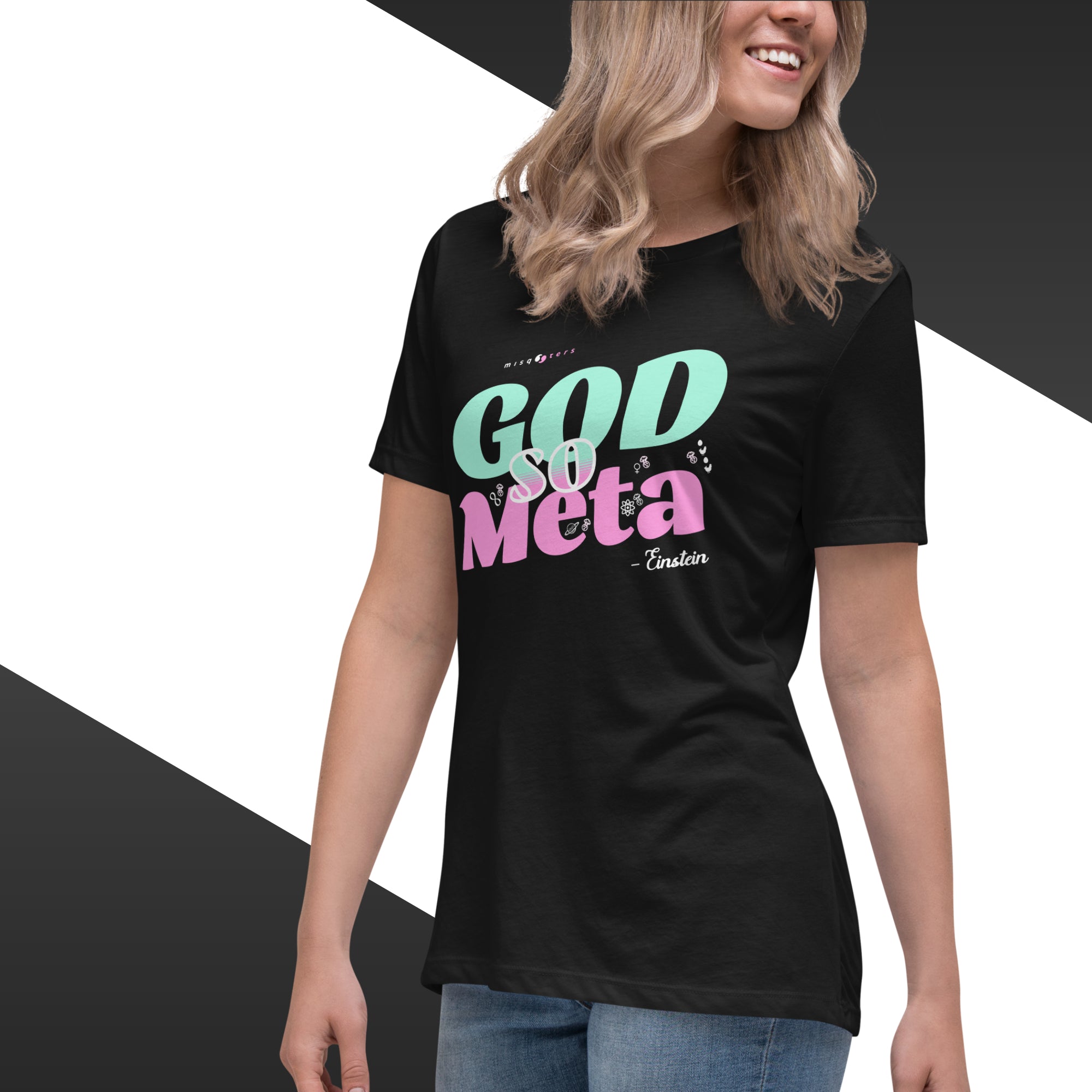 Person wearing a black t-shirt with colorful text design on a geometric background