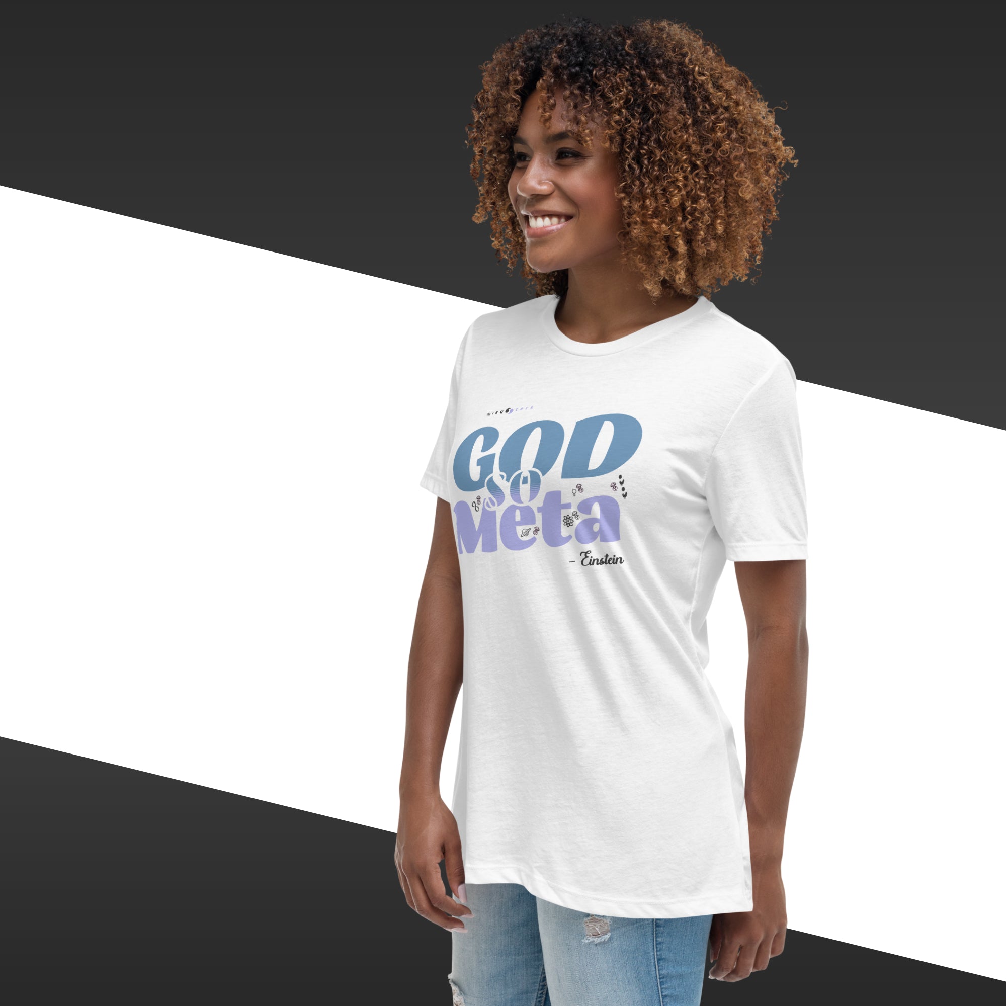 Woman wearing a white t-shirt with 'God is Meta' text on a black and white background