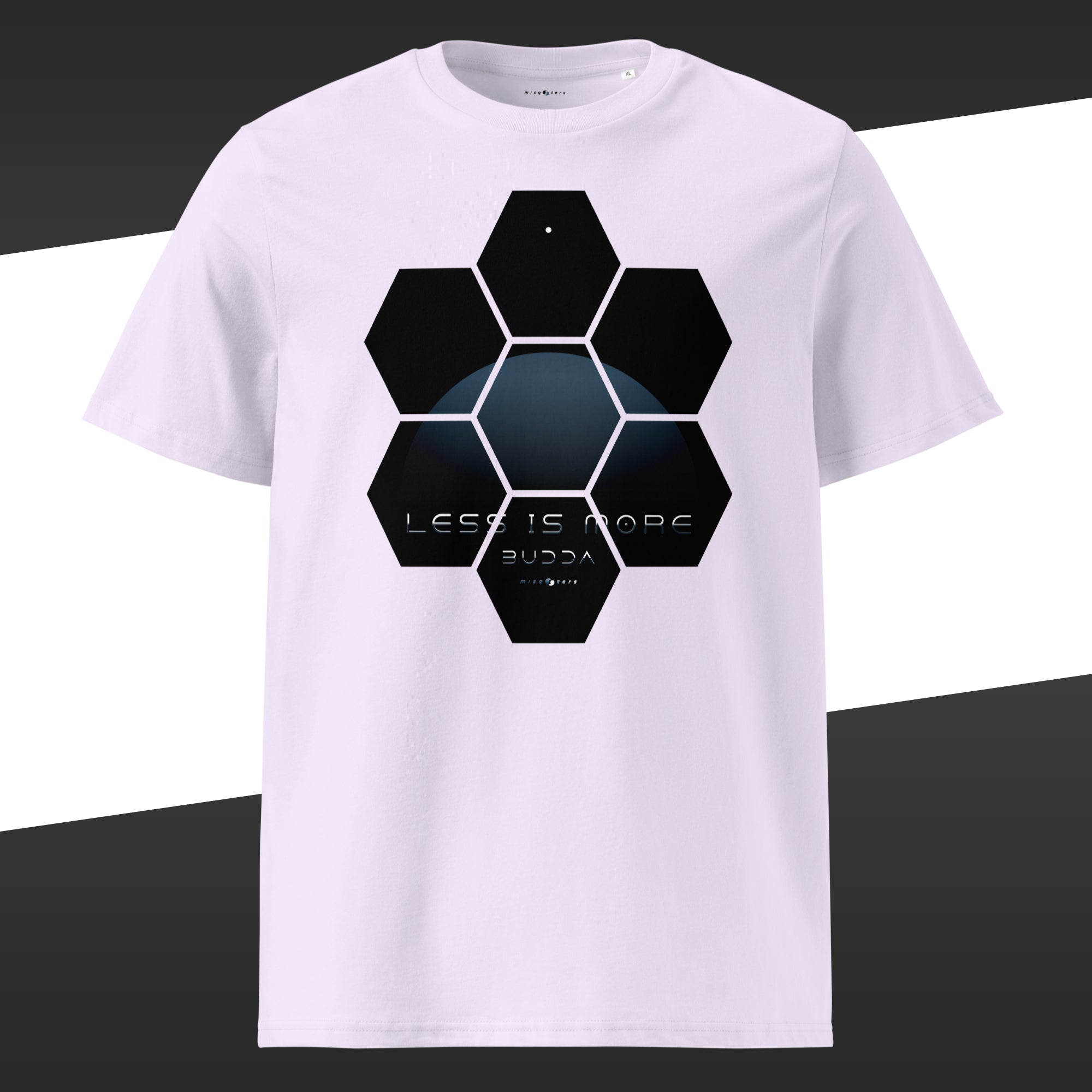 Lavender wide t-shirt with a blue design of the fake quote "Less is more" by Buddha.