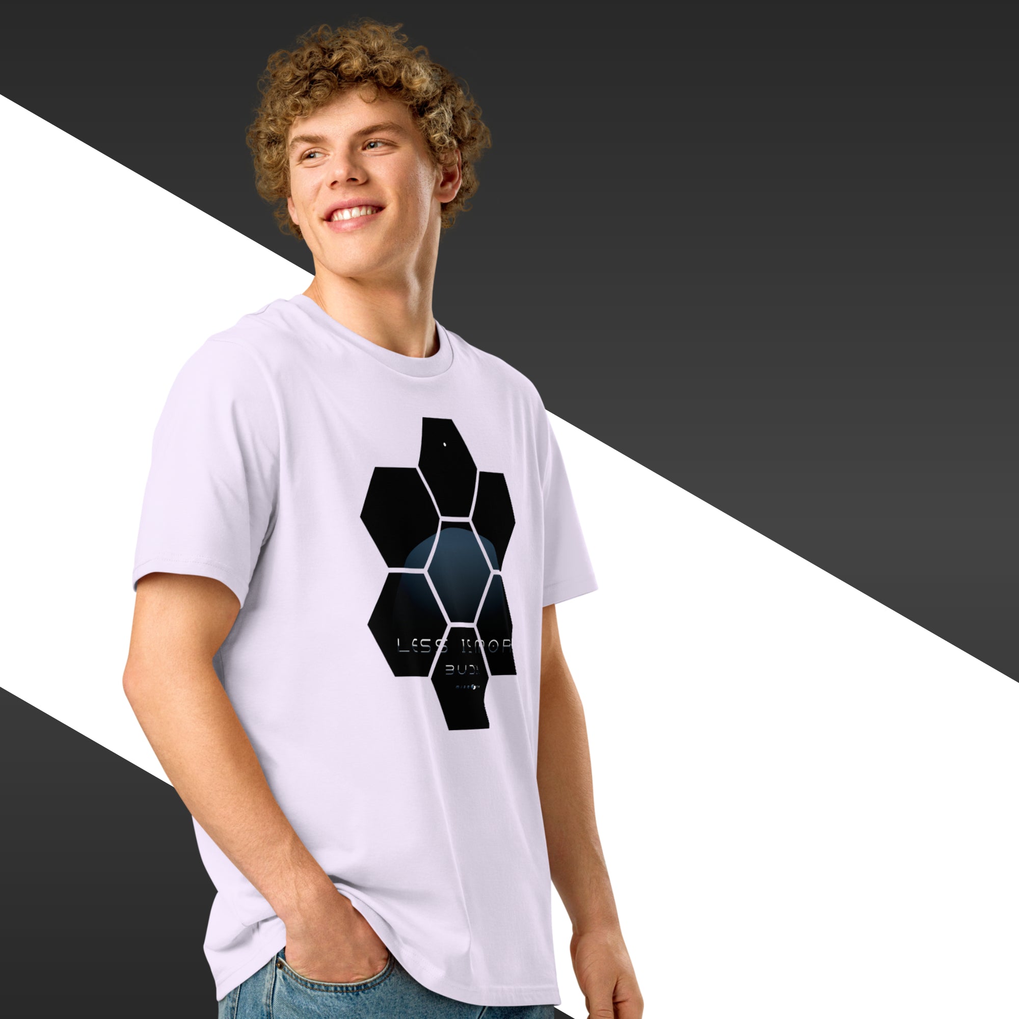 Person wearing a white t-shirt with a black geometric design on a black and white background