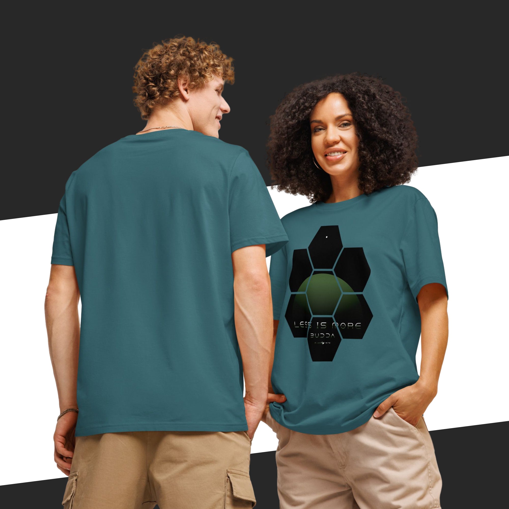 Two people wearing teal t-shirts with a geometric design on a black and white background