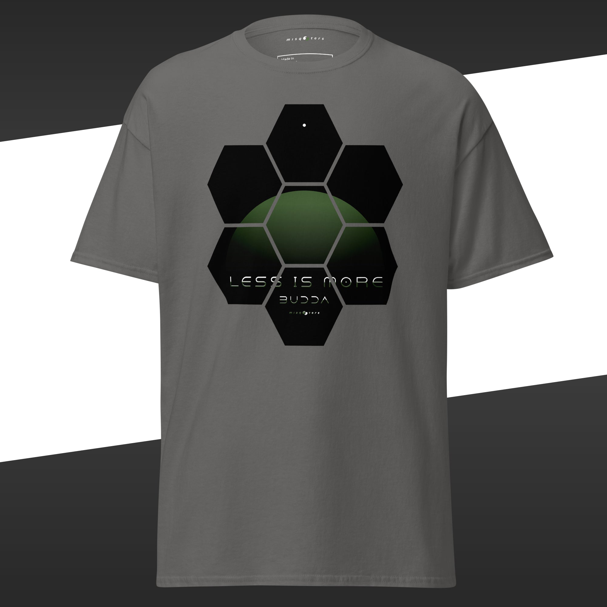 Grey t-shirt with geometric green design featuring the fake quote "Less is more" by Buddha