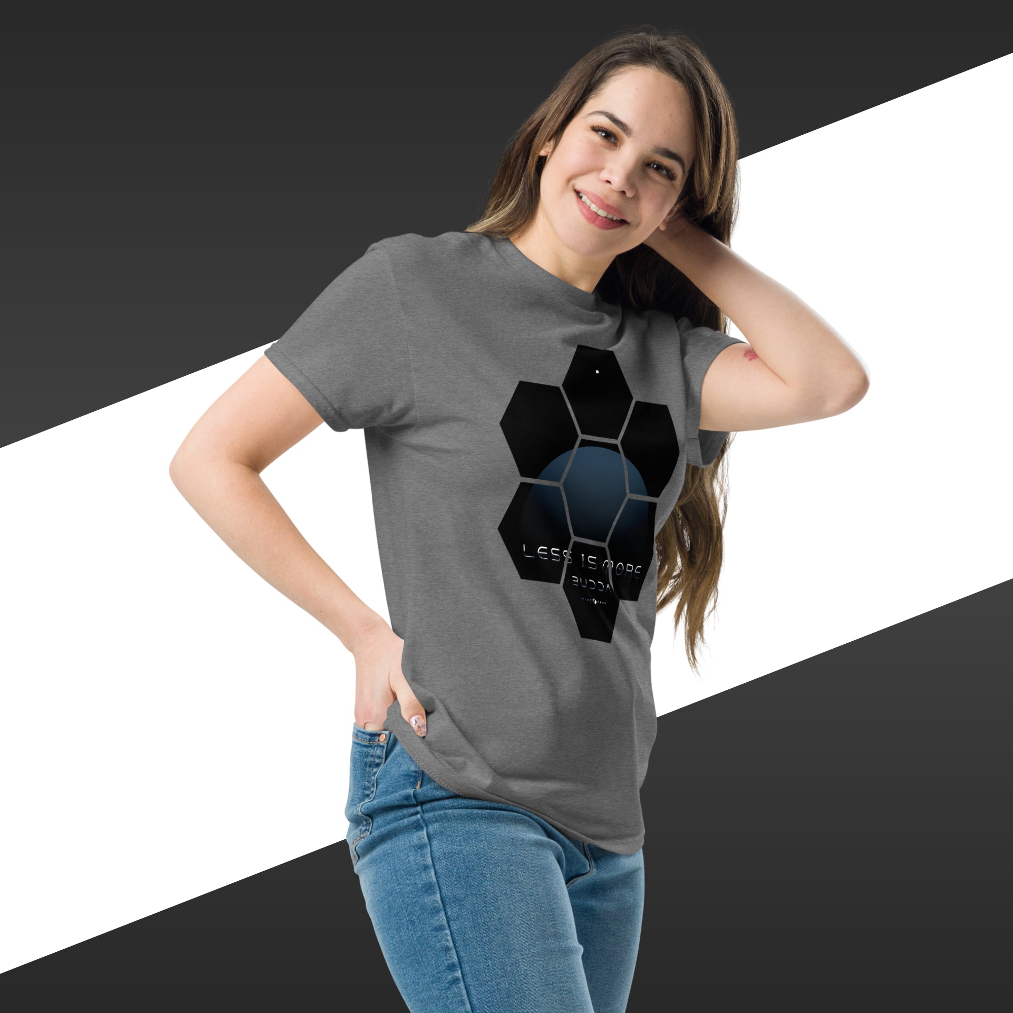 Woman wearing a gray t-shirt with a black geometric design on a black and white background