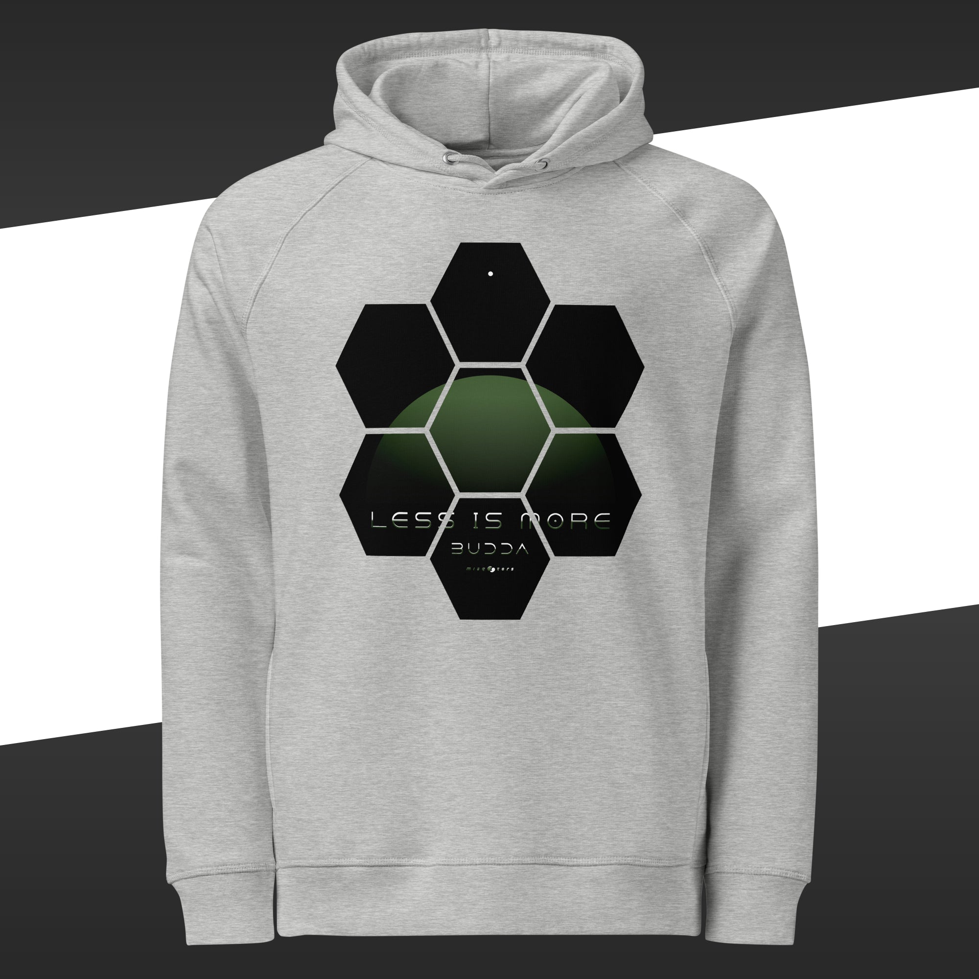 Grey sweater with a green design of the fake quote "Less is more" by Buddha