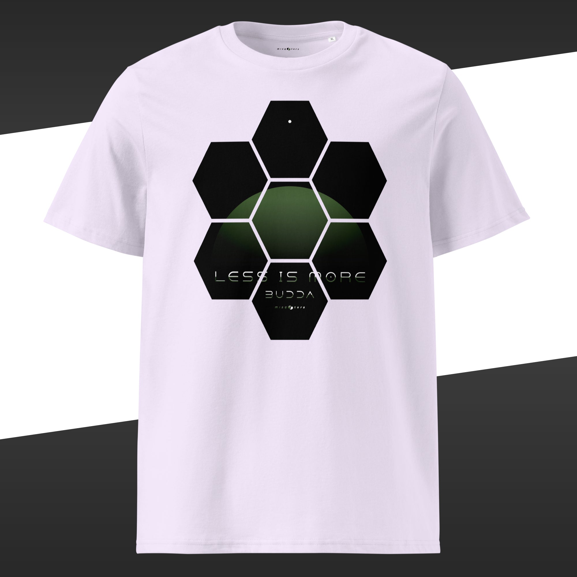Lavender wide t-shirt with a green design of the fake quote "Less is more" by Buddha.