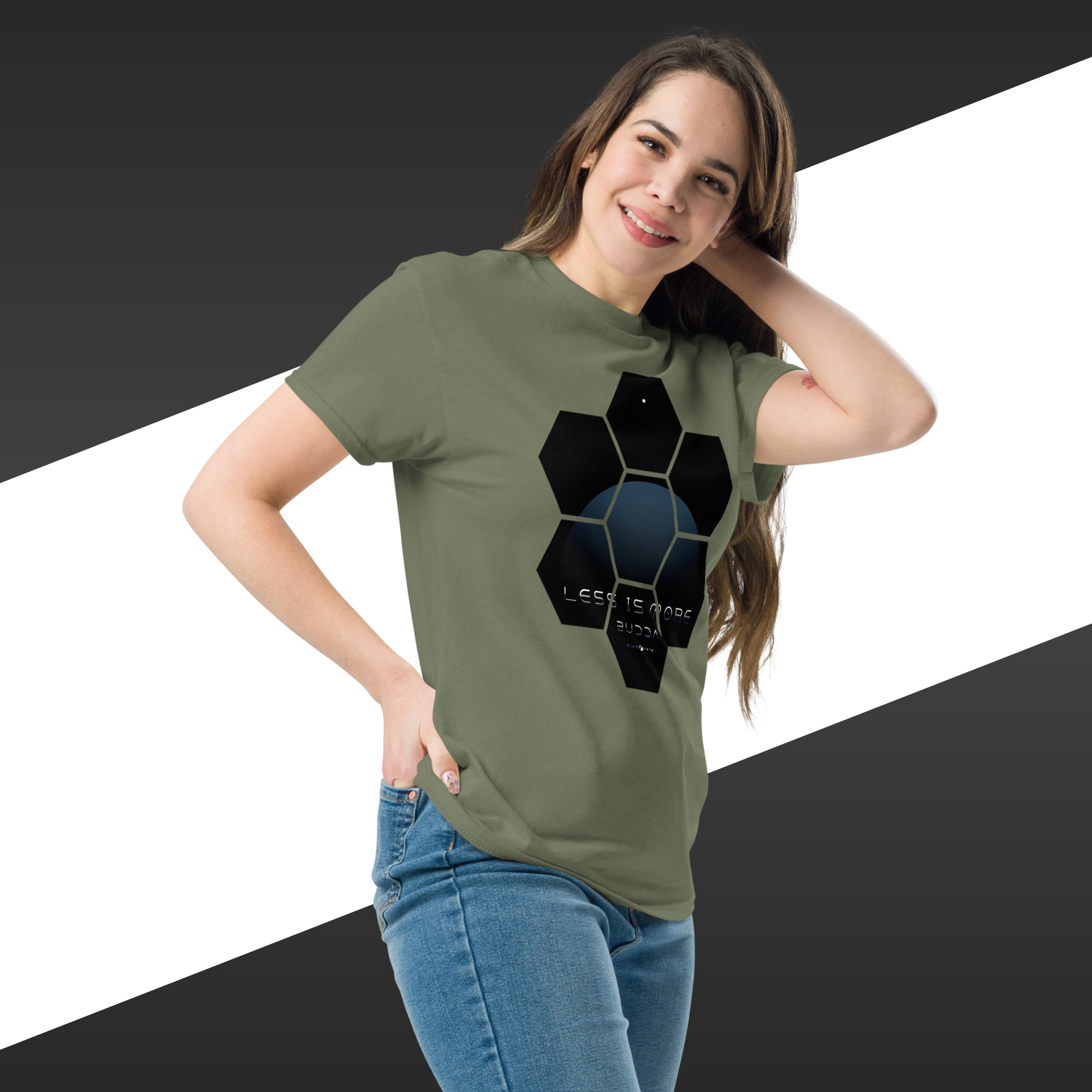 Woman wearing a green t-shirt with a black geometric design on a black, white, and gray background