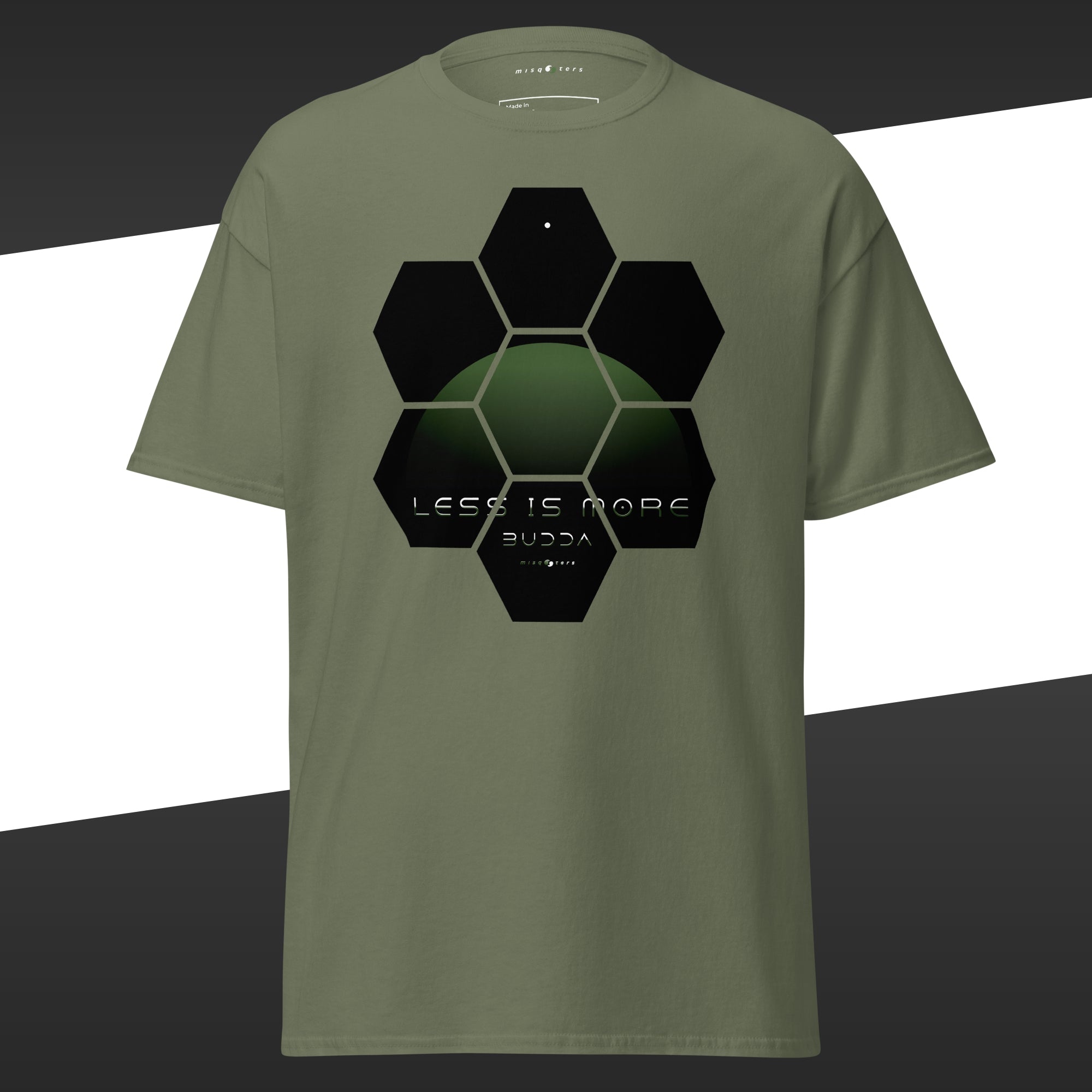 Green t-shirt with geometric green design featuring the fake quote "Less is more" by Buddha