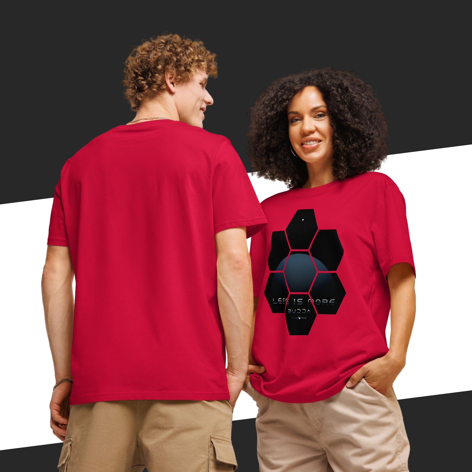 Two people wearing red t-shirts with a black geometric design on a black and white background