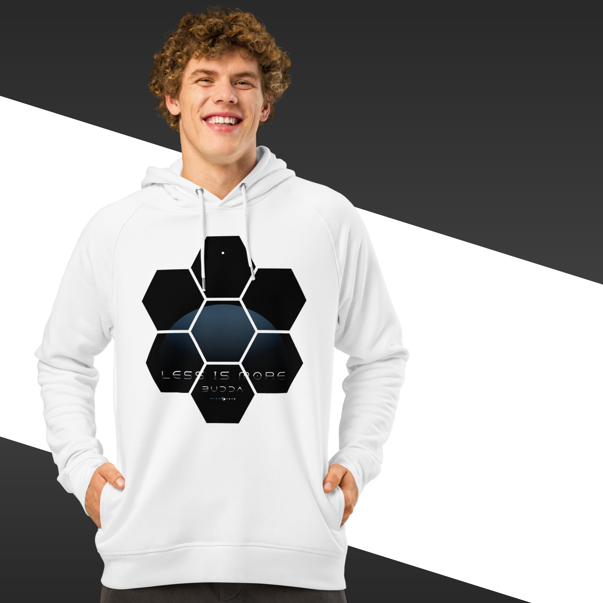 Guy with a white hoodie with a geometrical design and the quote "less is more" from Buddha