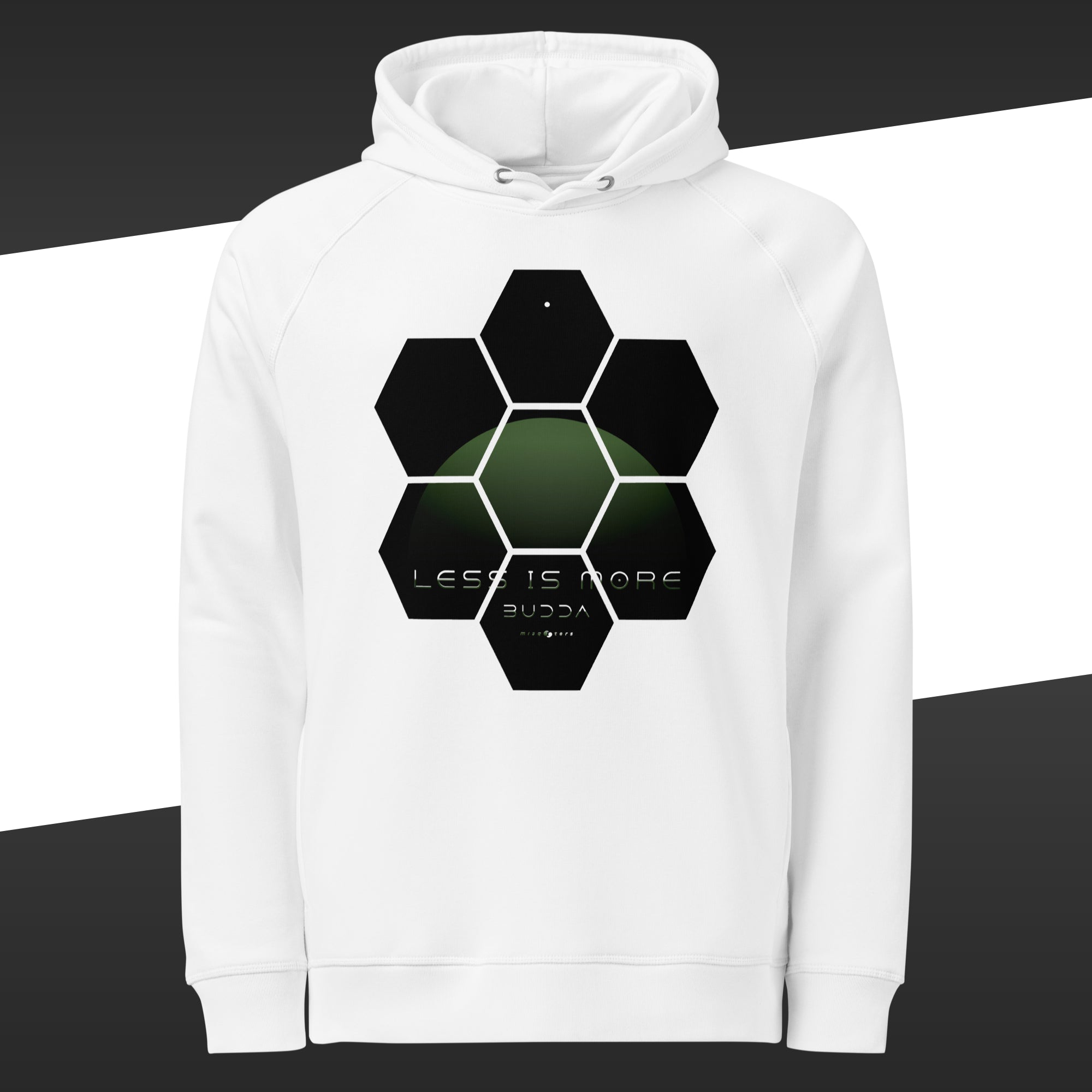White sweater with a green design of the fake quote "Less is more" by Buddha
