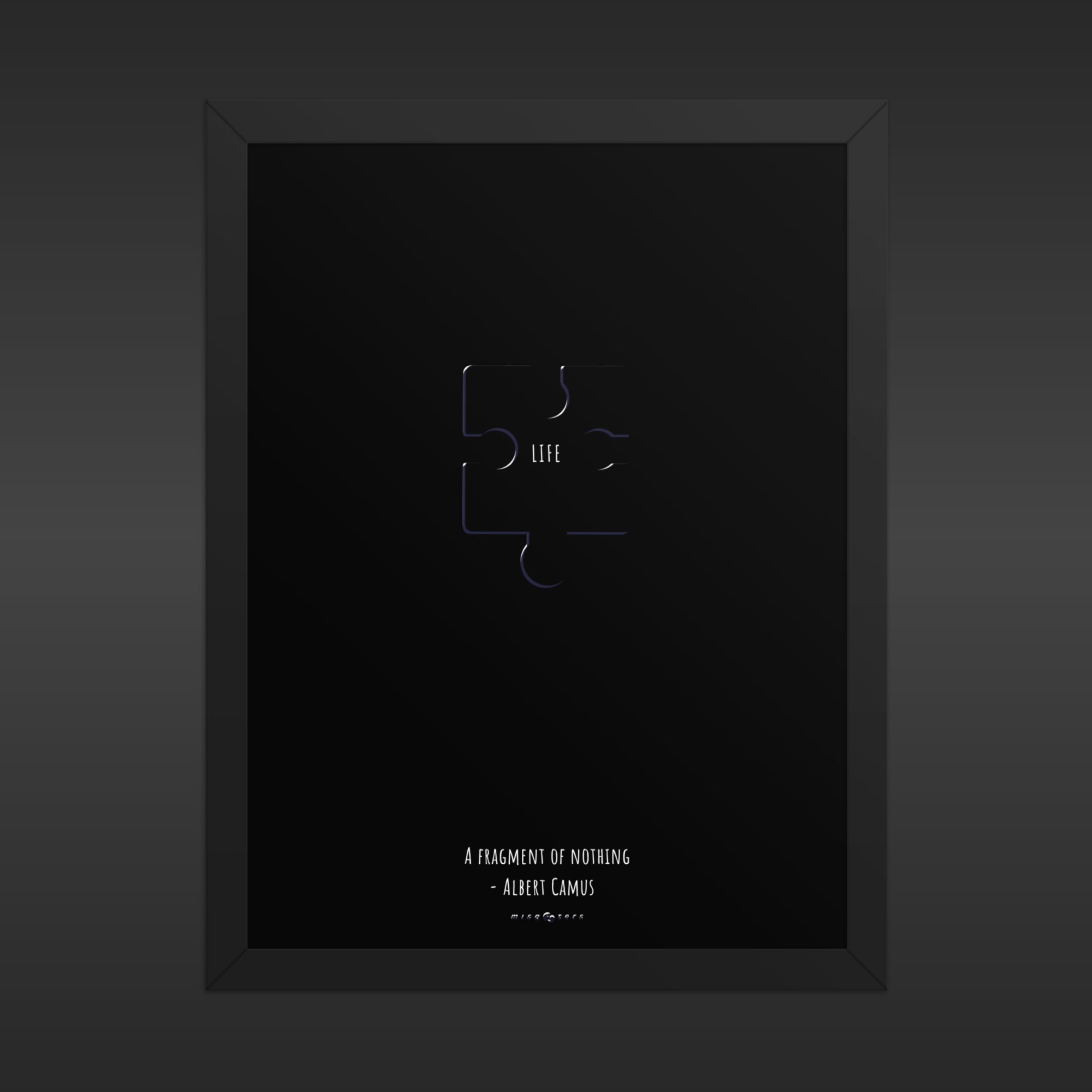 Framed black poster with minimalist design and text on a dark background