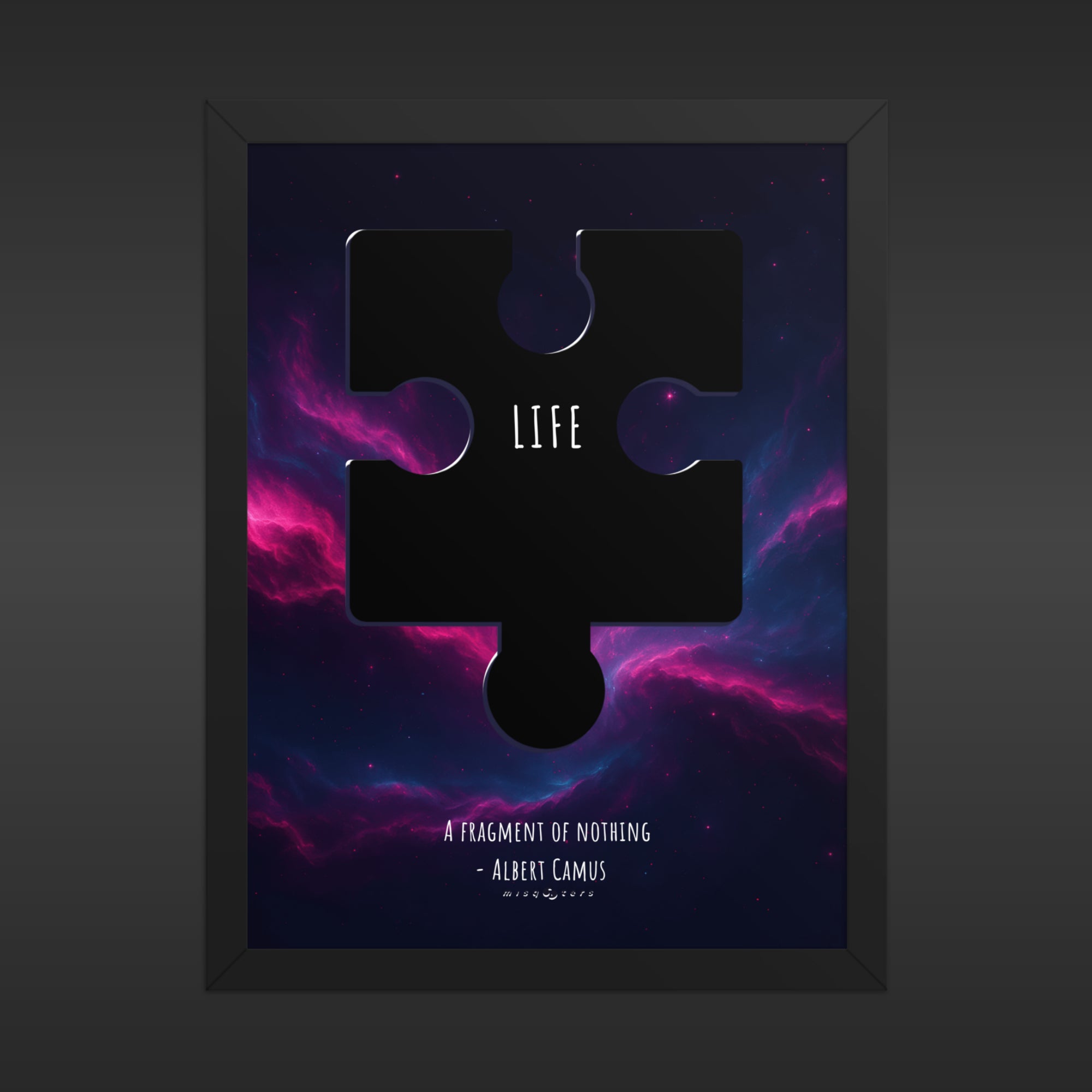 Framed artwork with a puzzle piece design and 'Life' text on a dark background