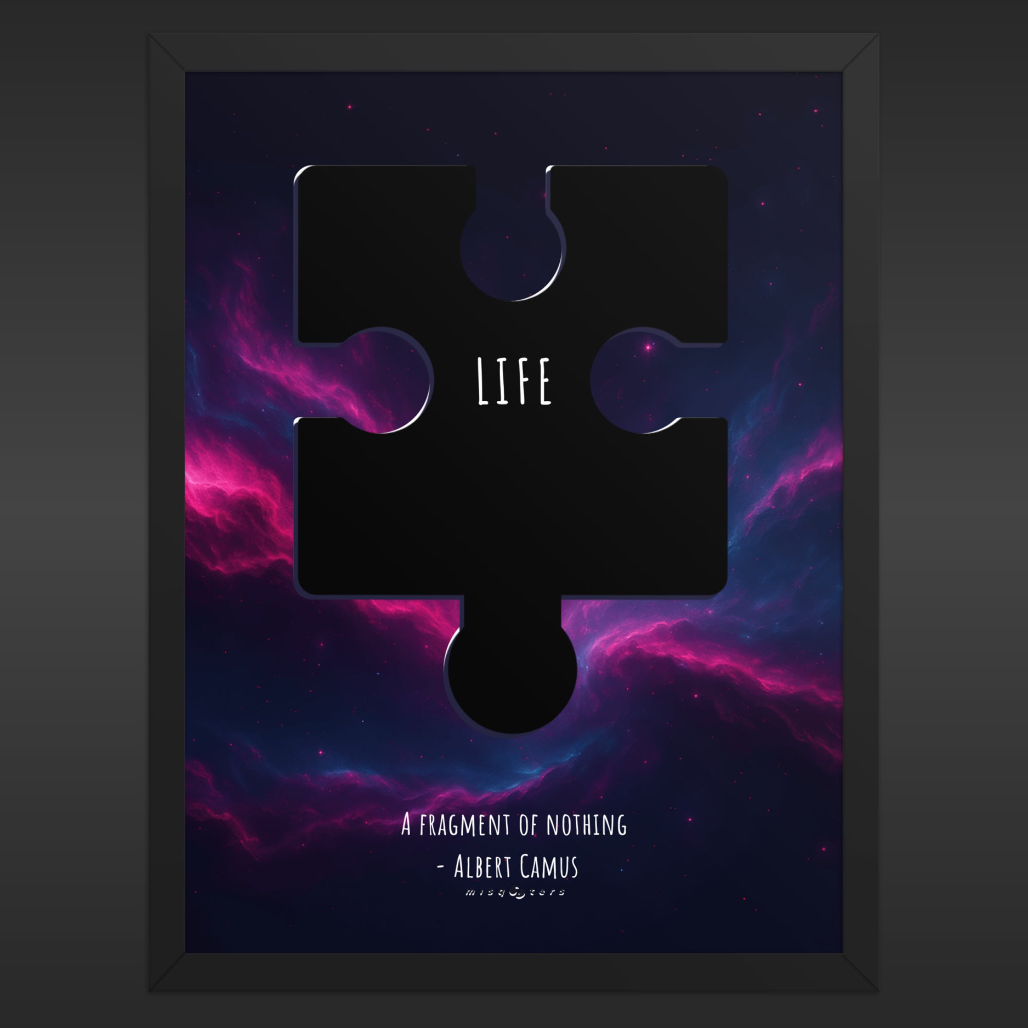 Framed artwork with a puzzle piece design and 'Life' text against a purple and pink cosmic background.