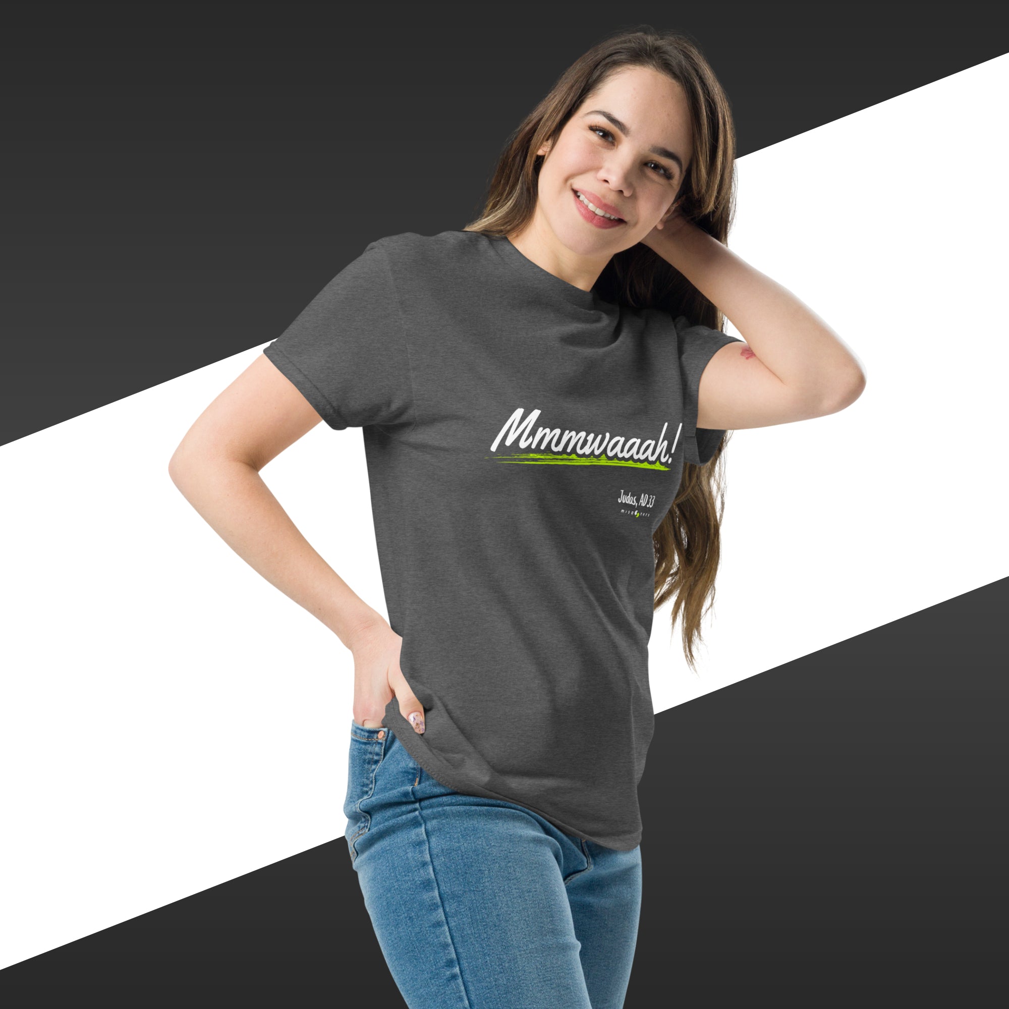 Woman wearing a gray t-shirt with text on a black and white background