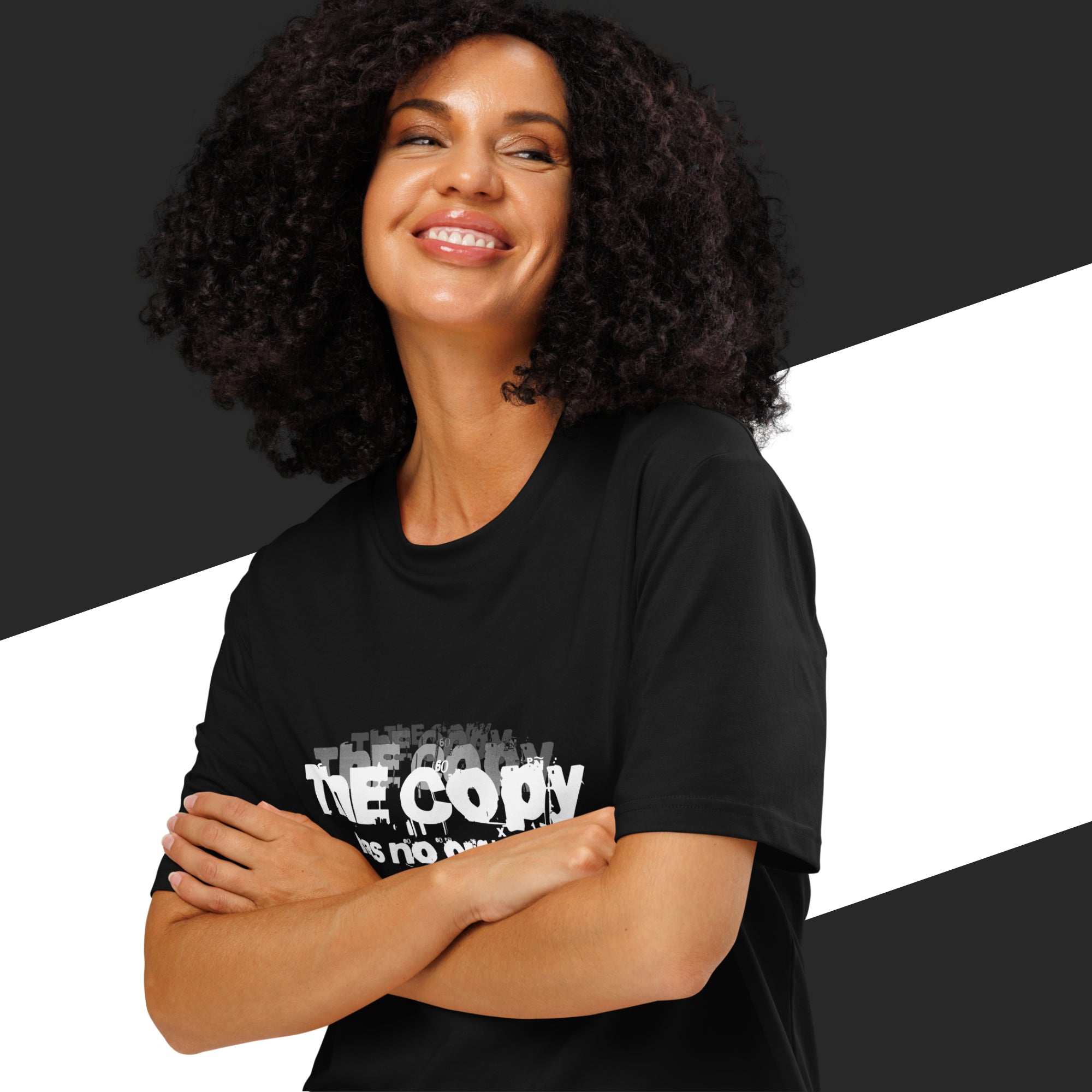 Woman wearing a black t-shirt with text, standing against a black and white background