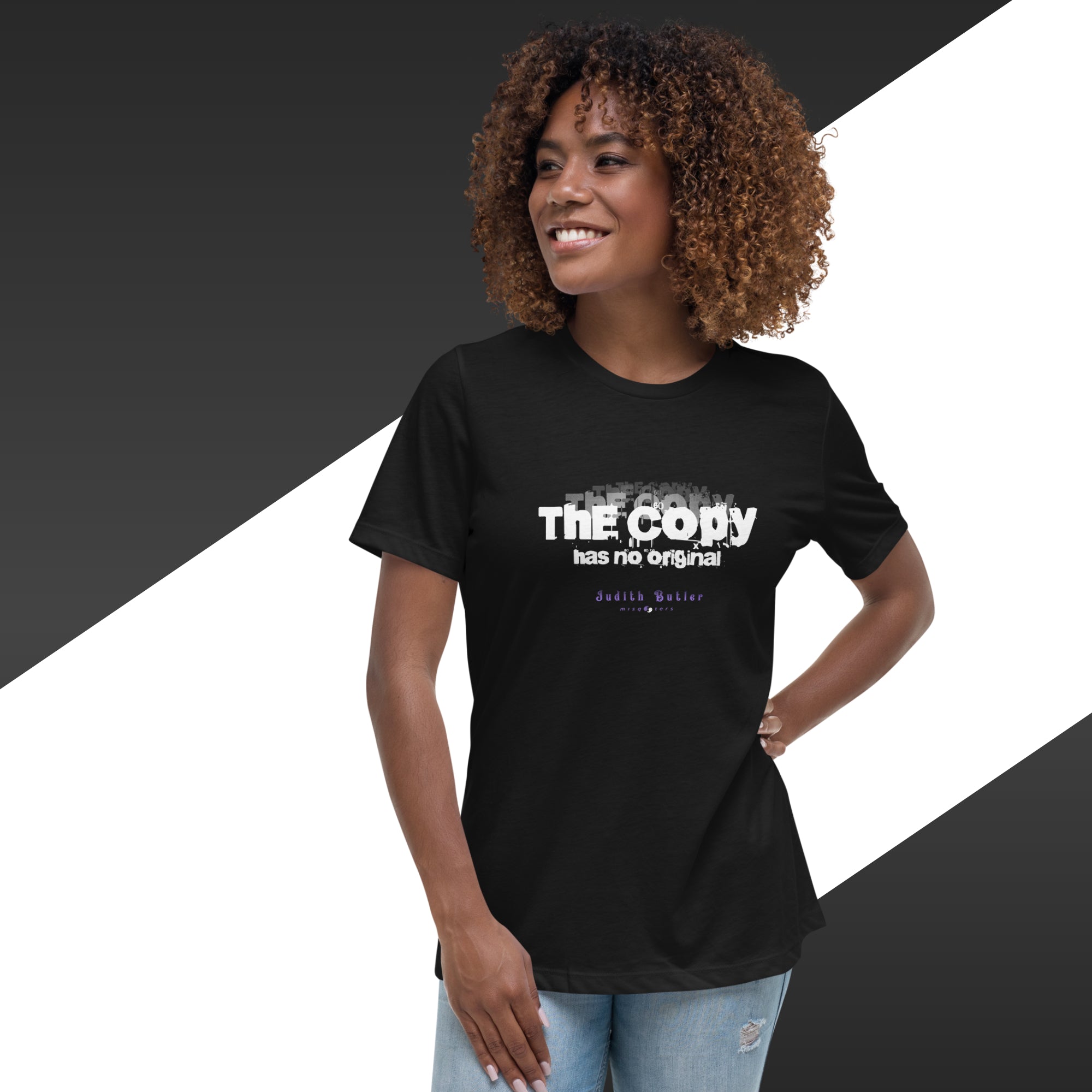 Woman wearing a black t-shirt with text on a black and white background