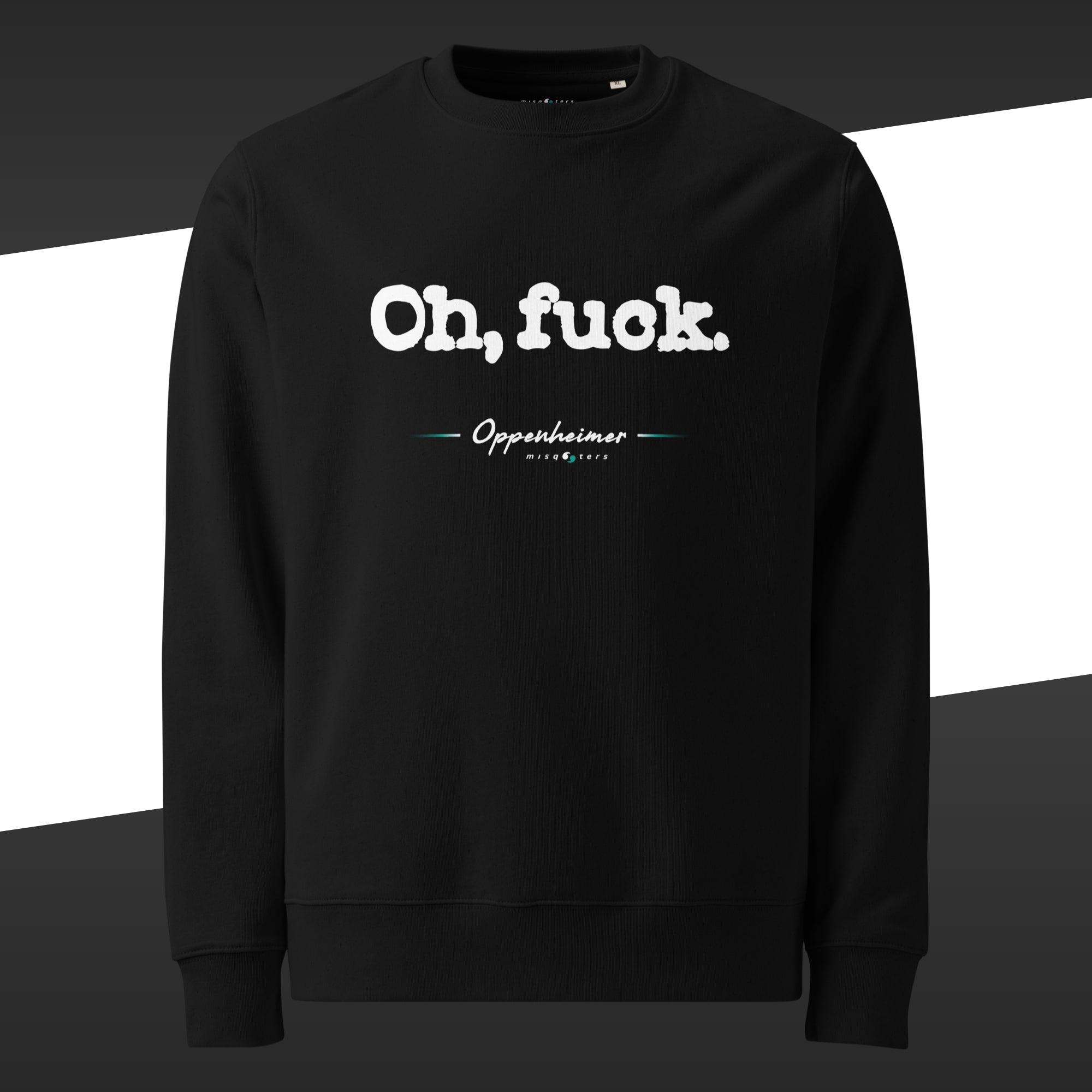 Black sweatshirt with text and logo on a white and black striped background