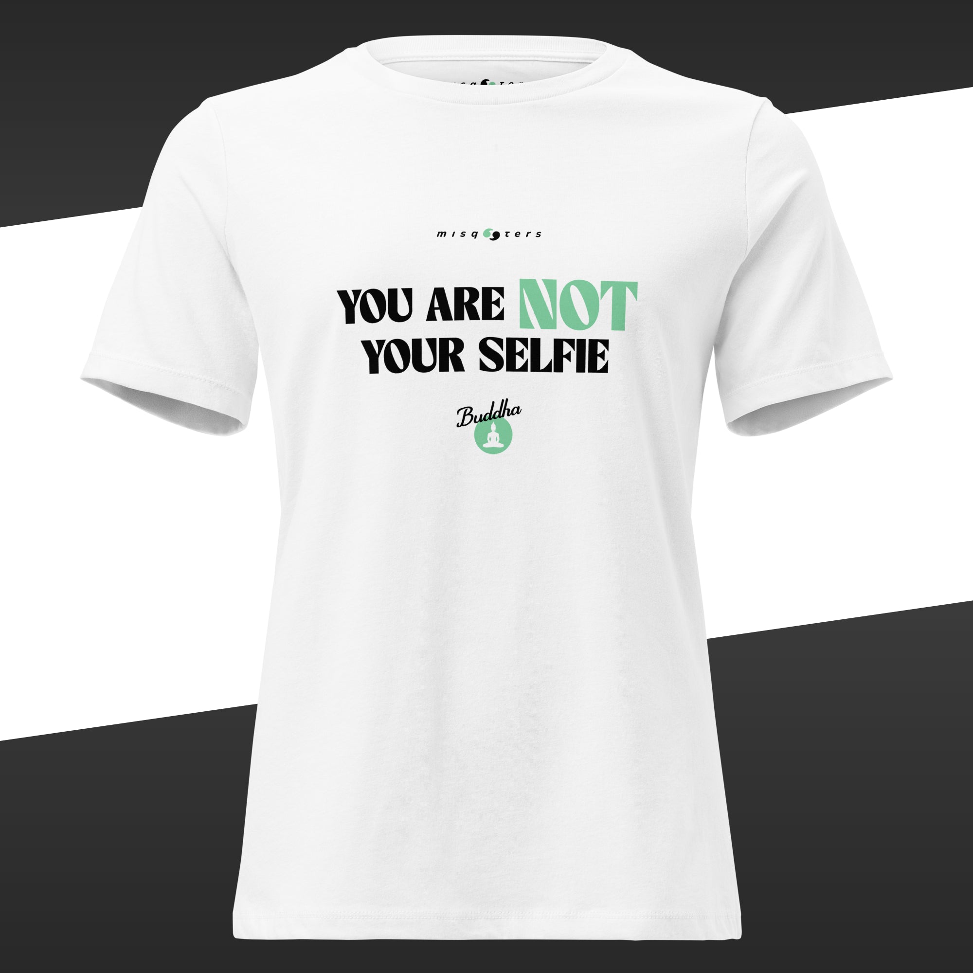 White t-shirt with the Buddha fake quote "You are not your selfie" in white and lavender green colors