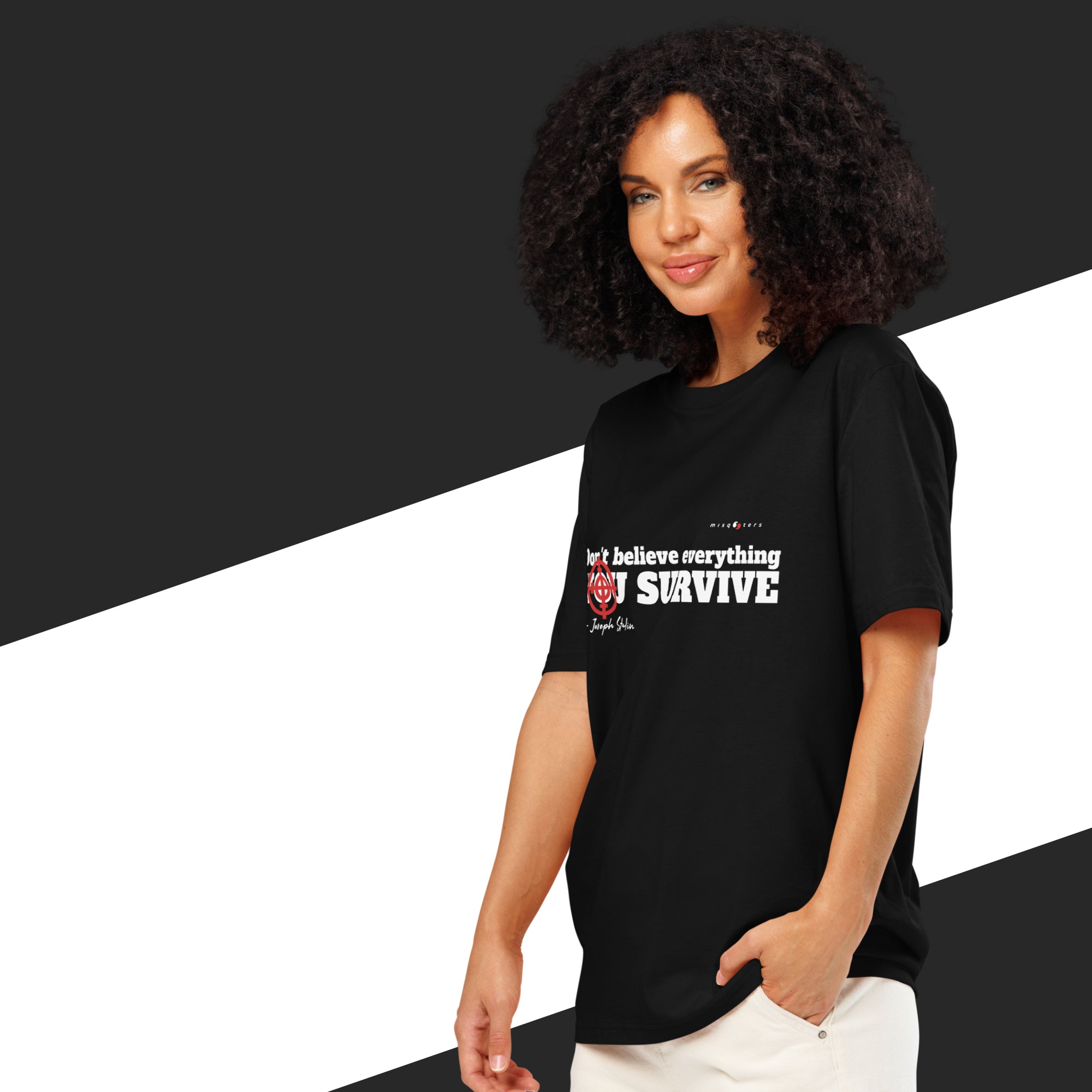 Woman wearing a black t-shirt with text and graphics on a black and white background