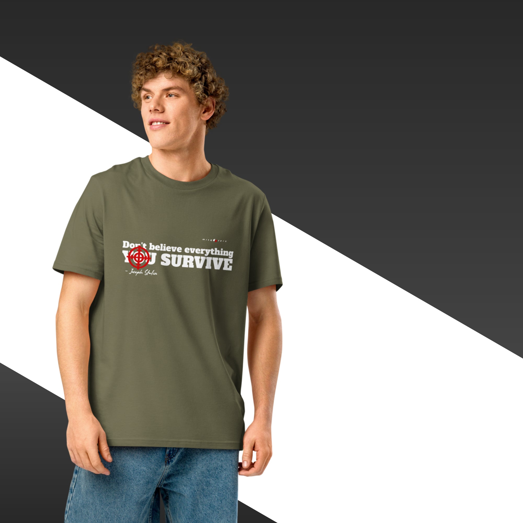 Person wearing a green t-shirt with text on a black, white, and gray background
