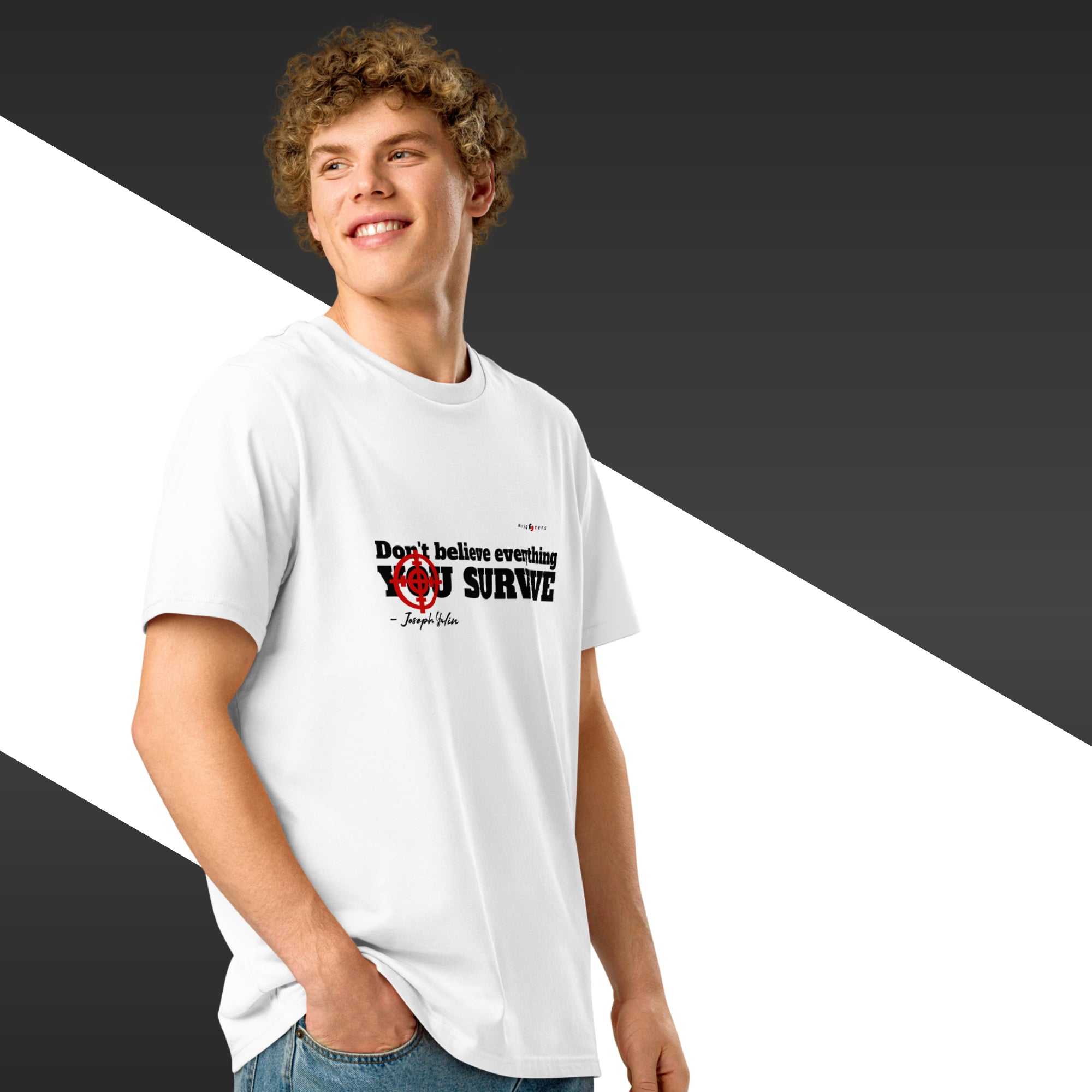 Person wearing a white t-shirt with text and logo on a black and white background