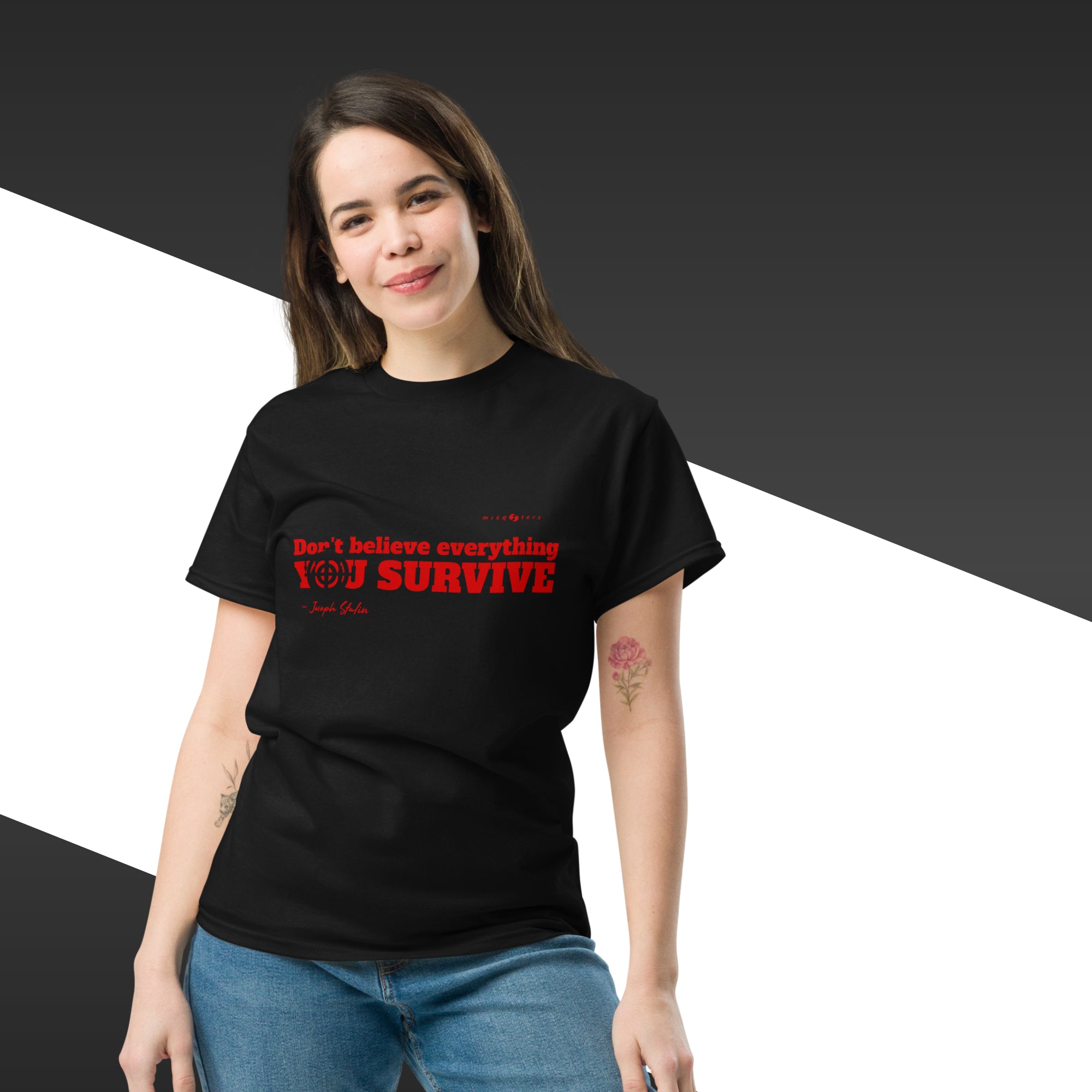 Woman wearing a black t-shirt with red text on a black and white background