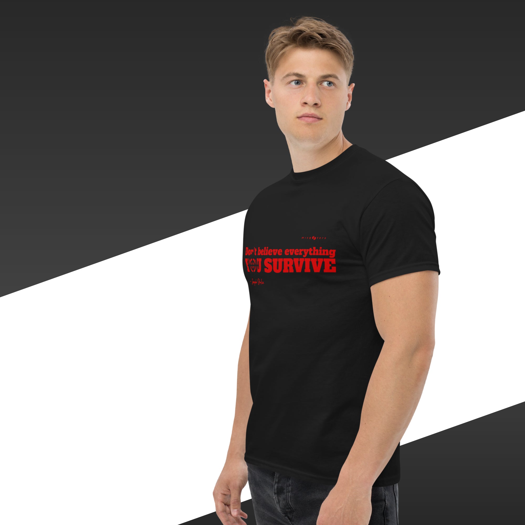 Man wearing a black t-shirt with red text on a black and white background