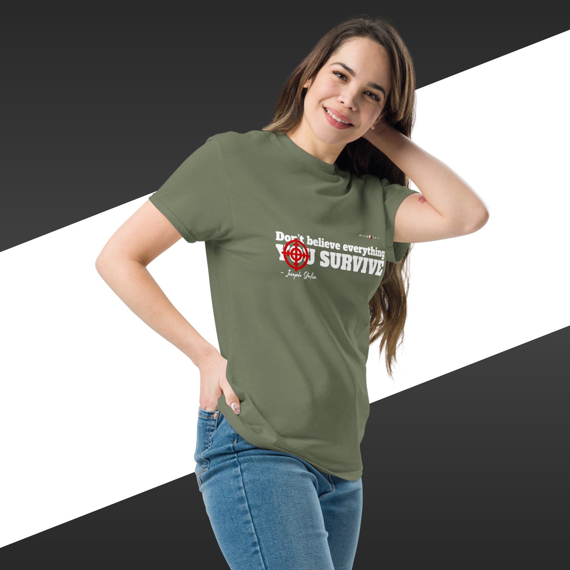Woman wearing a green t-shirt with text and logo on a black and white background
