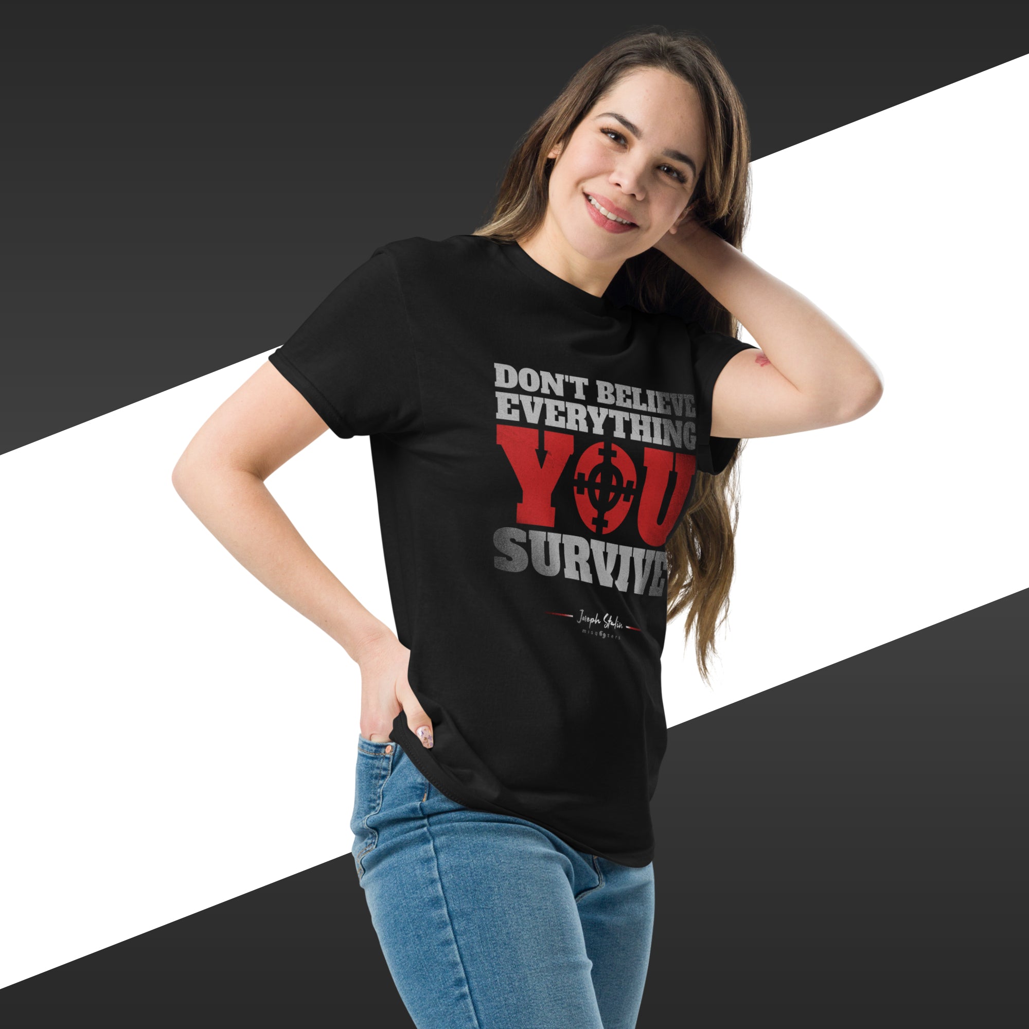 Survive (Beast Ed.) - Stalin | Classic tee - black red t-shirt mockup on female model