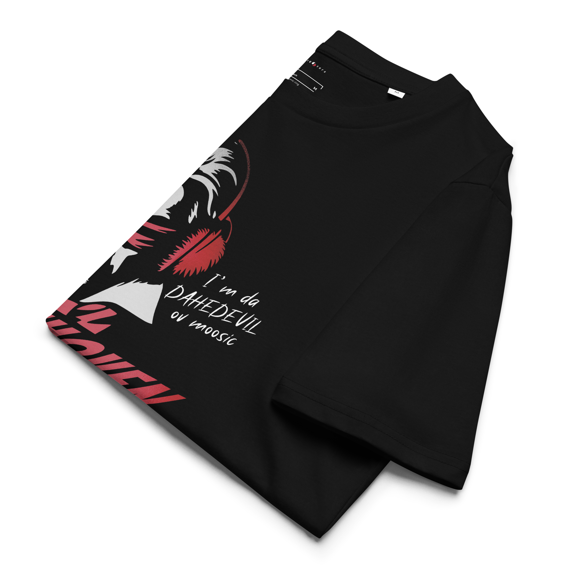 Black t-shirt with graphic design and text on a white background