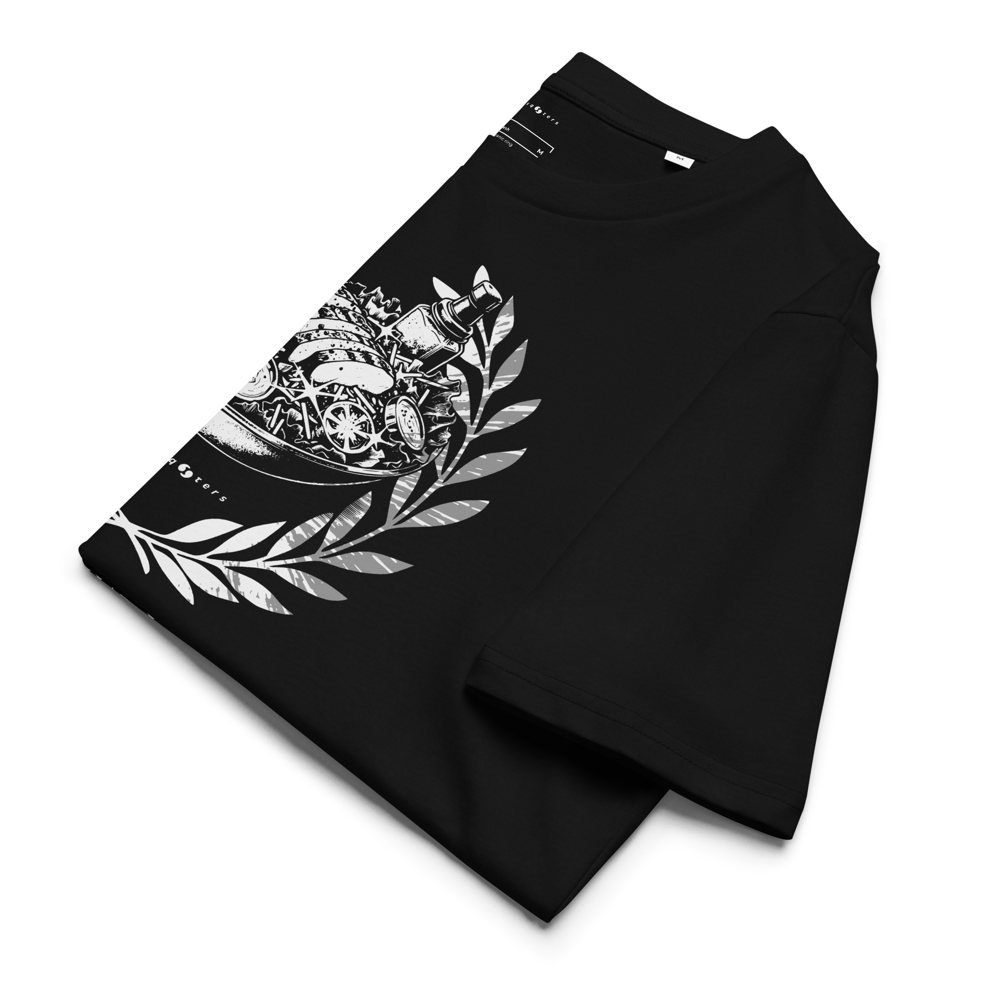 Black t-shirt with white graphic design on a white background