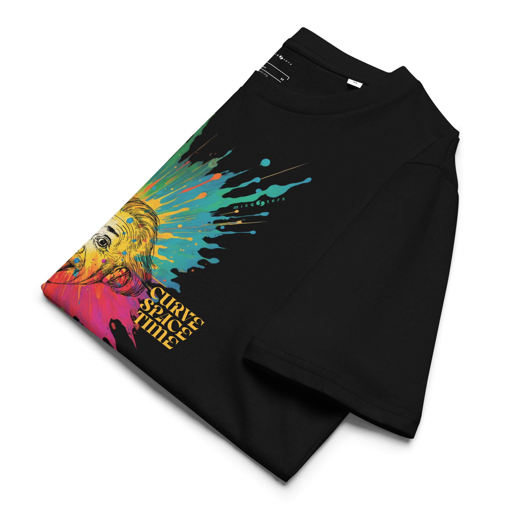 Black t-shirt folded with colorful graphic design on a white background