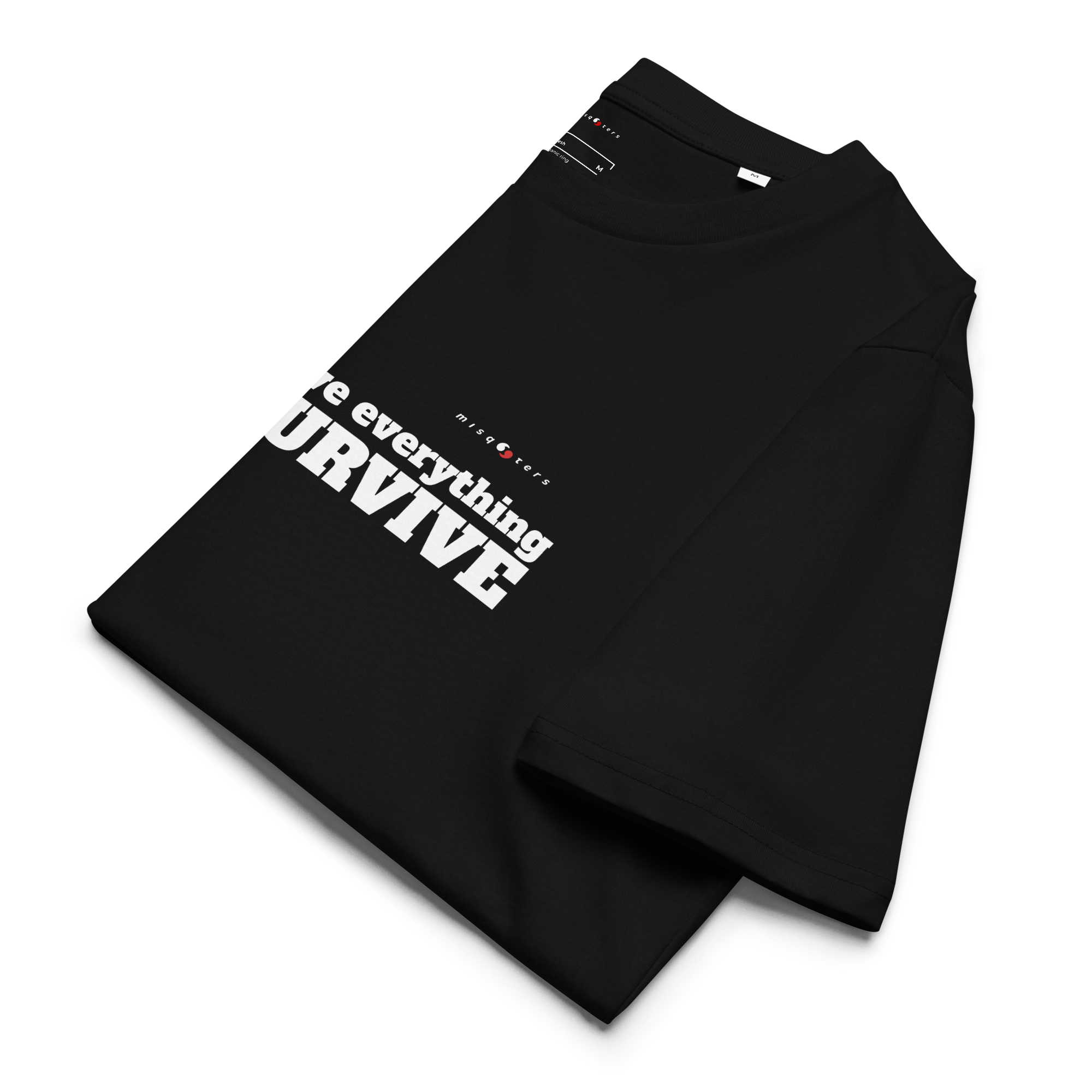 Black folded t-shirt with white text on a white background