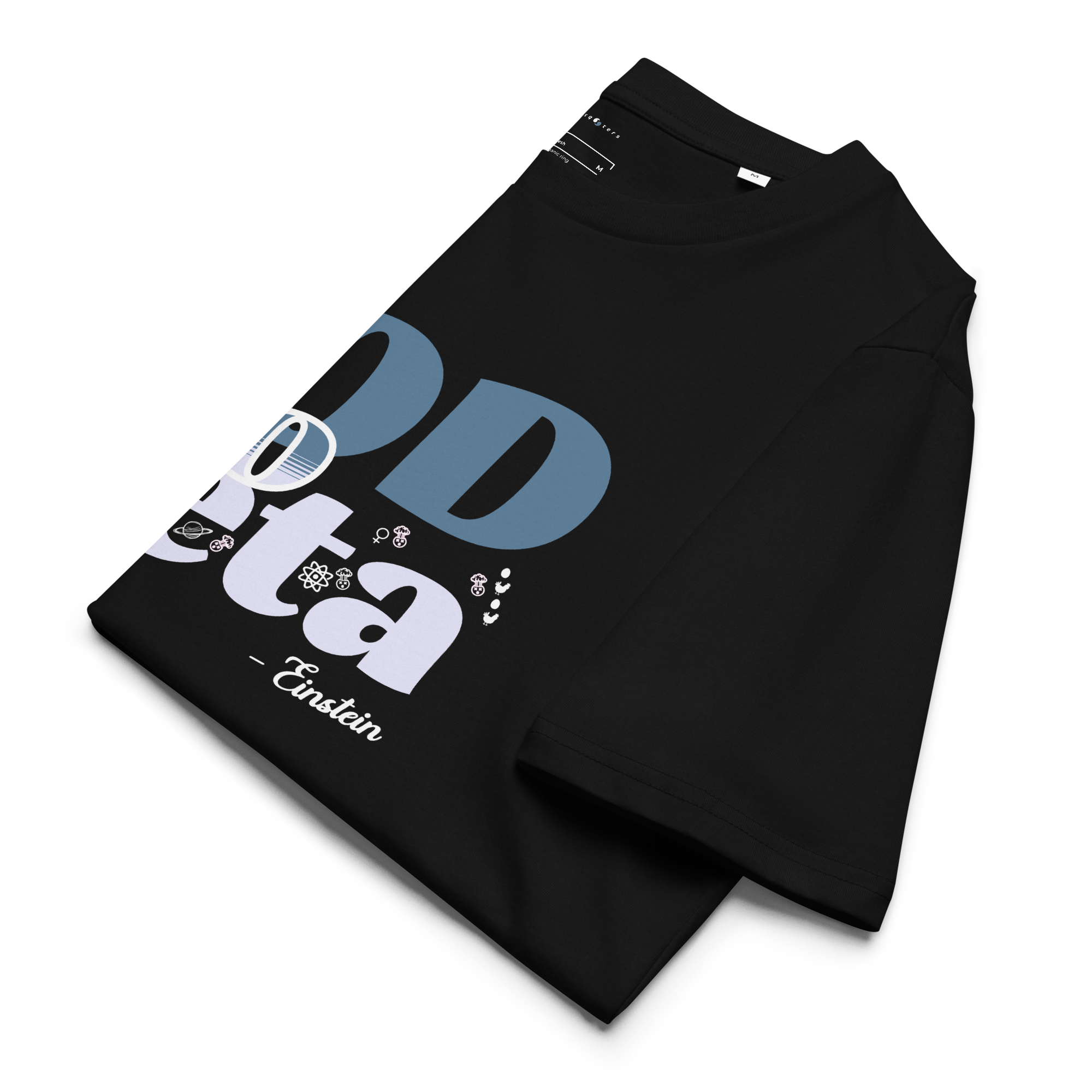Folded black t-shirt with blue and white text on a white background