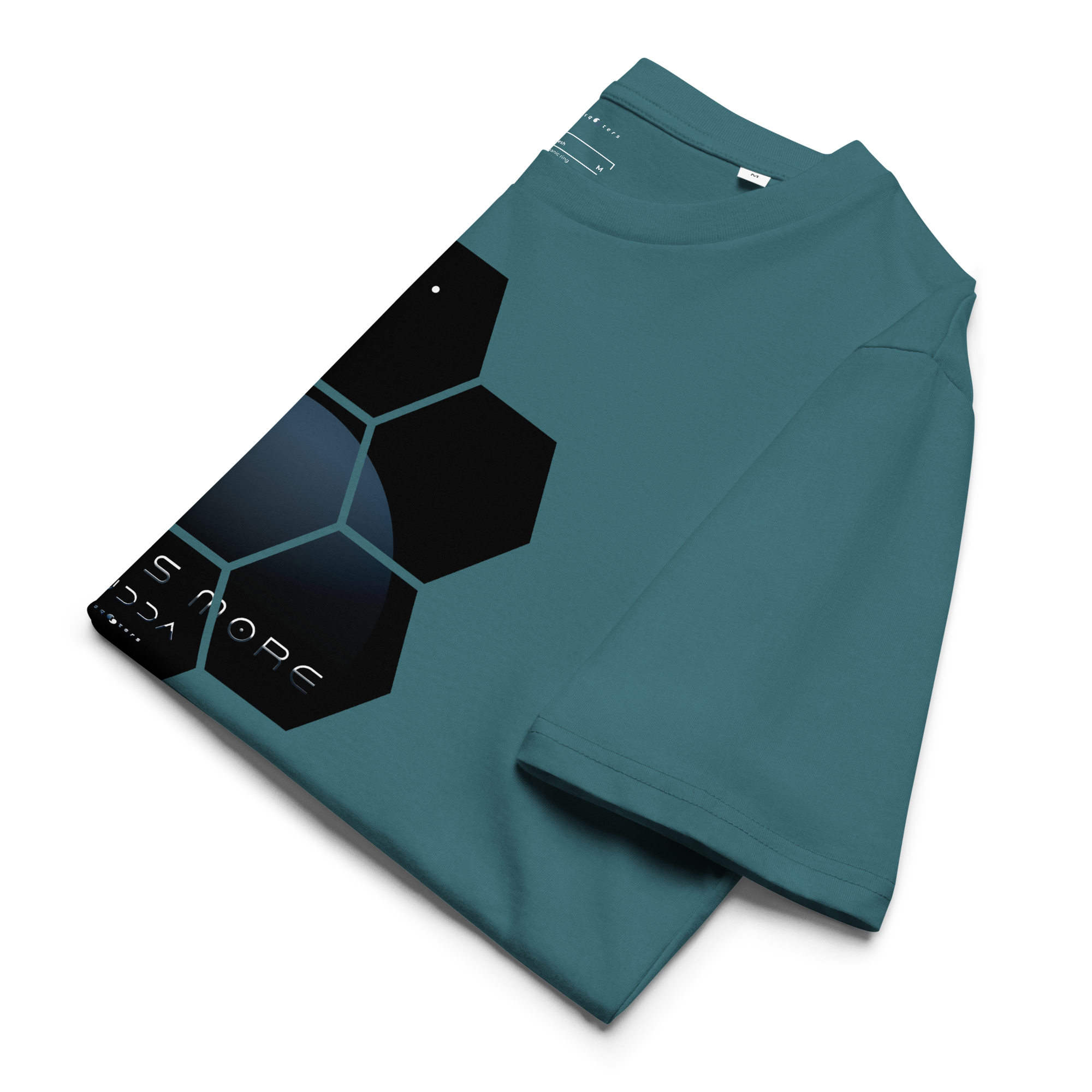 Teal t-shirt with geometric design on a white background