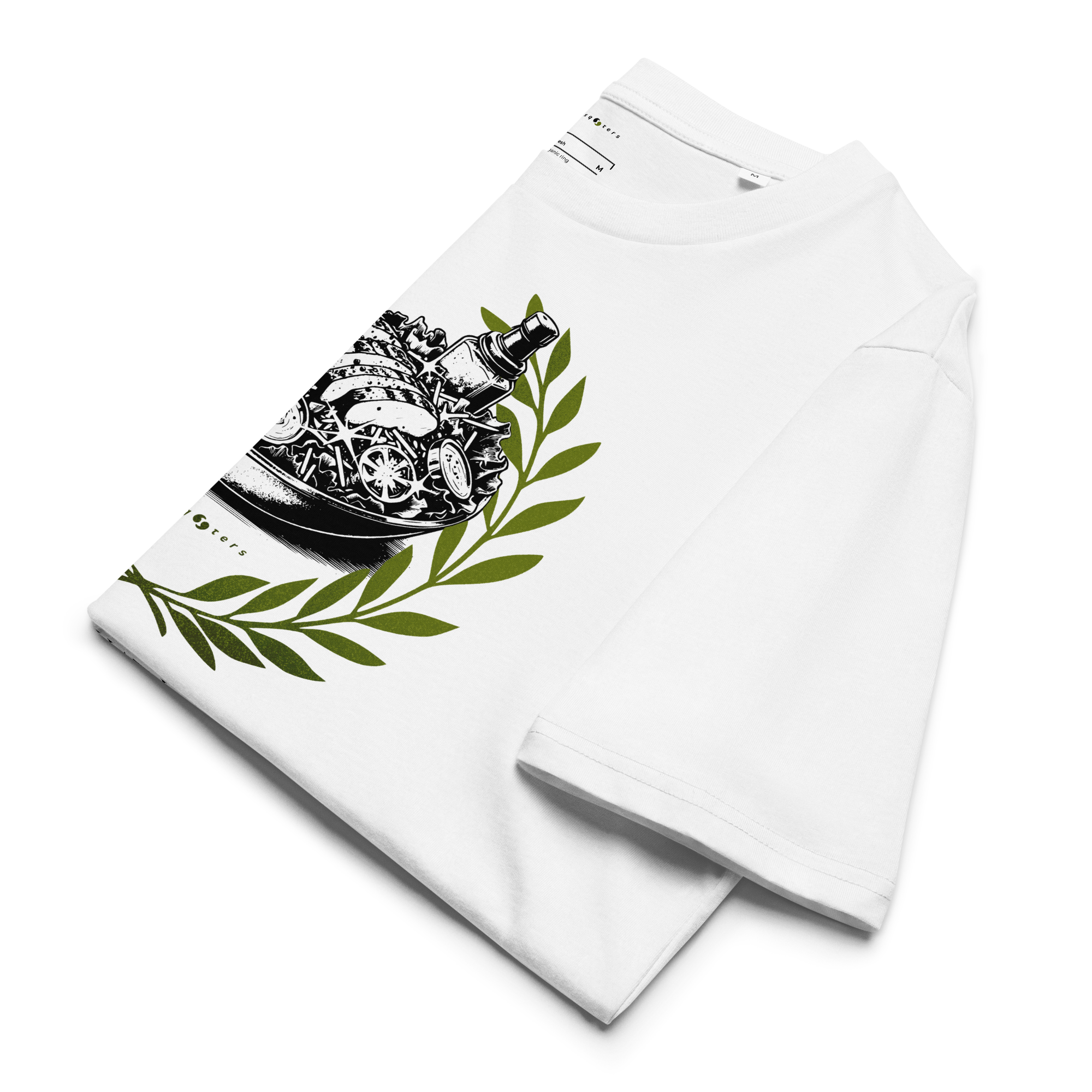 White shirt with black and white graphic design on a white background